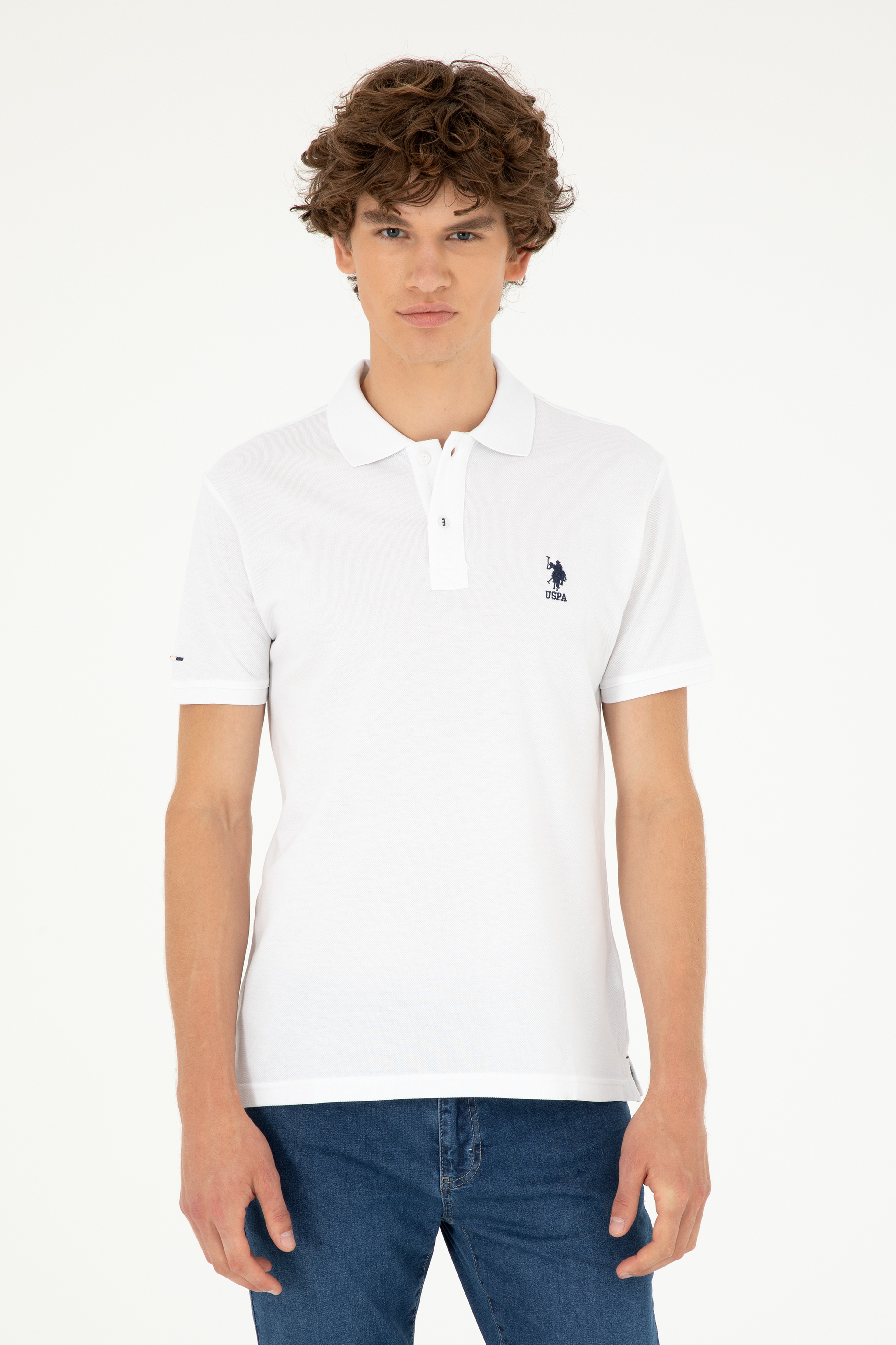 Erkek Slim Fit Polo Yaka Beyaz Basic Tişört - Image 1