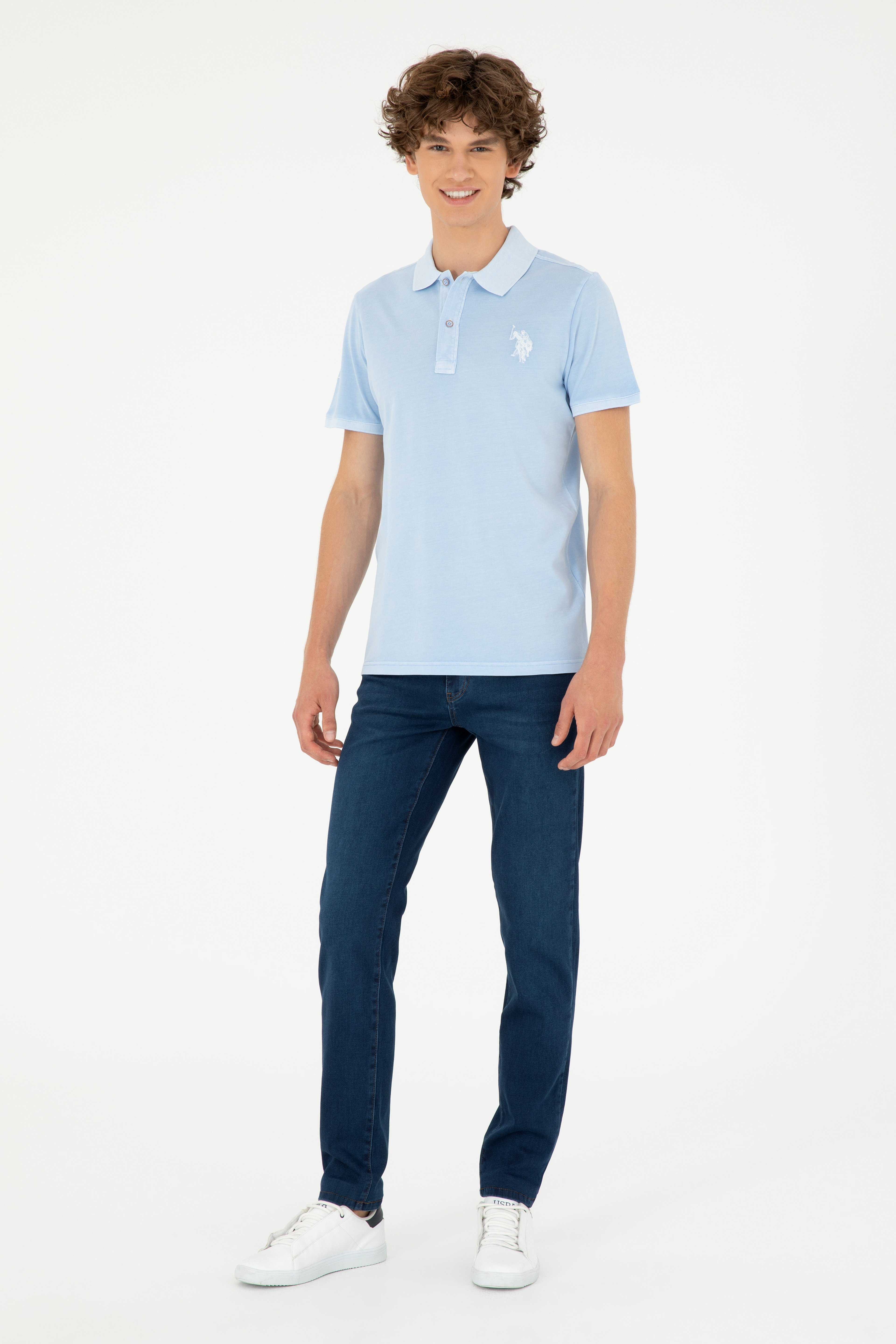 Erkek Slim Fit Polo Yaka Açık Mavi Basic Tişört - Image 4