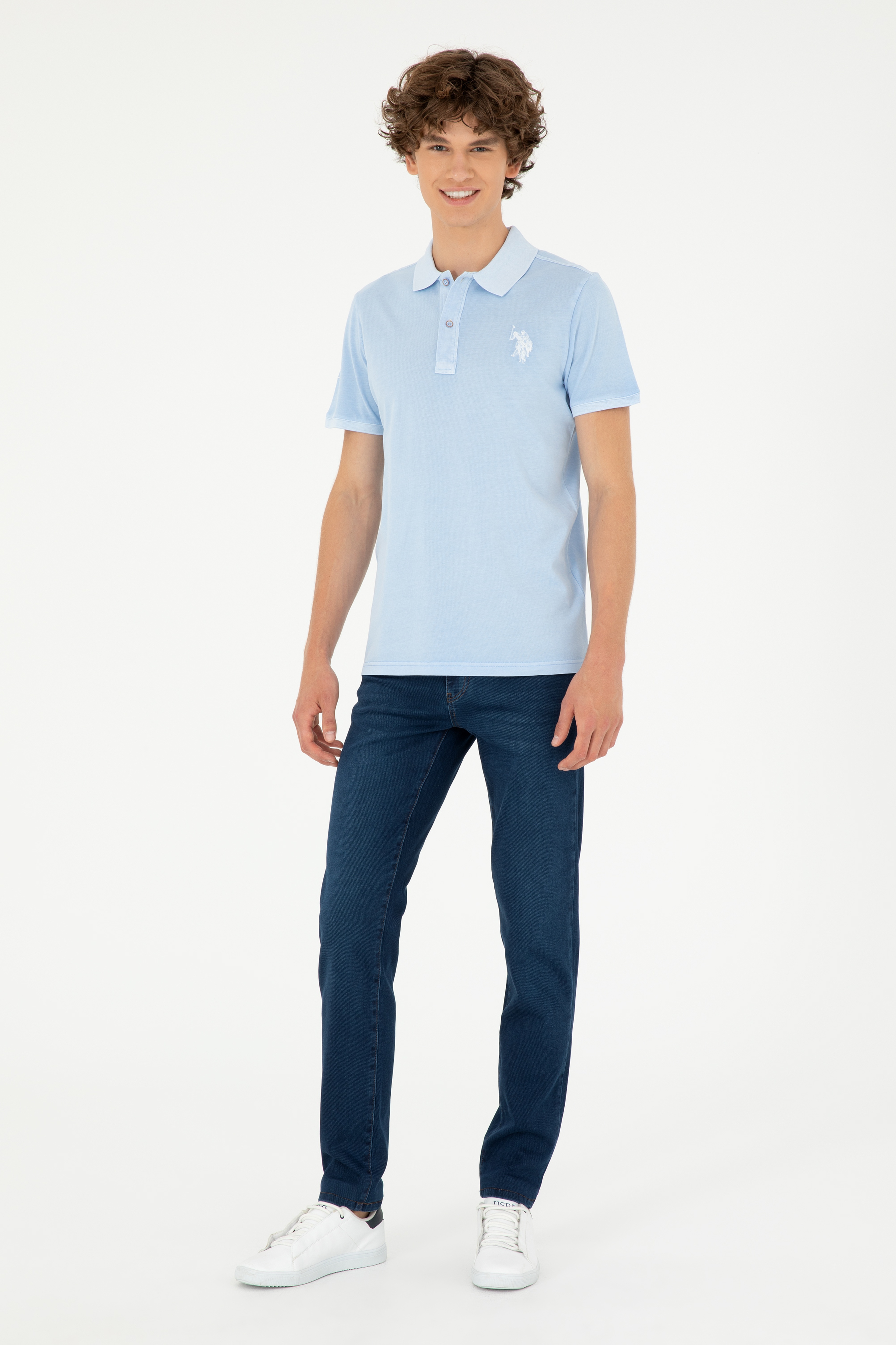 Erkek Slim Fit Polo Yaka Açık Mavi Basic Tişört