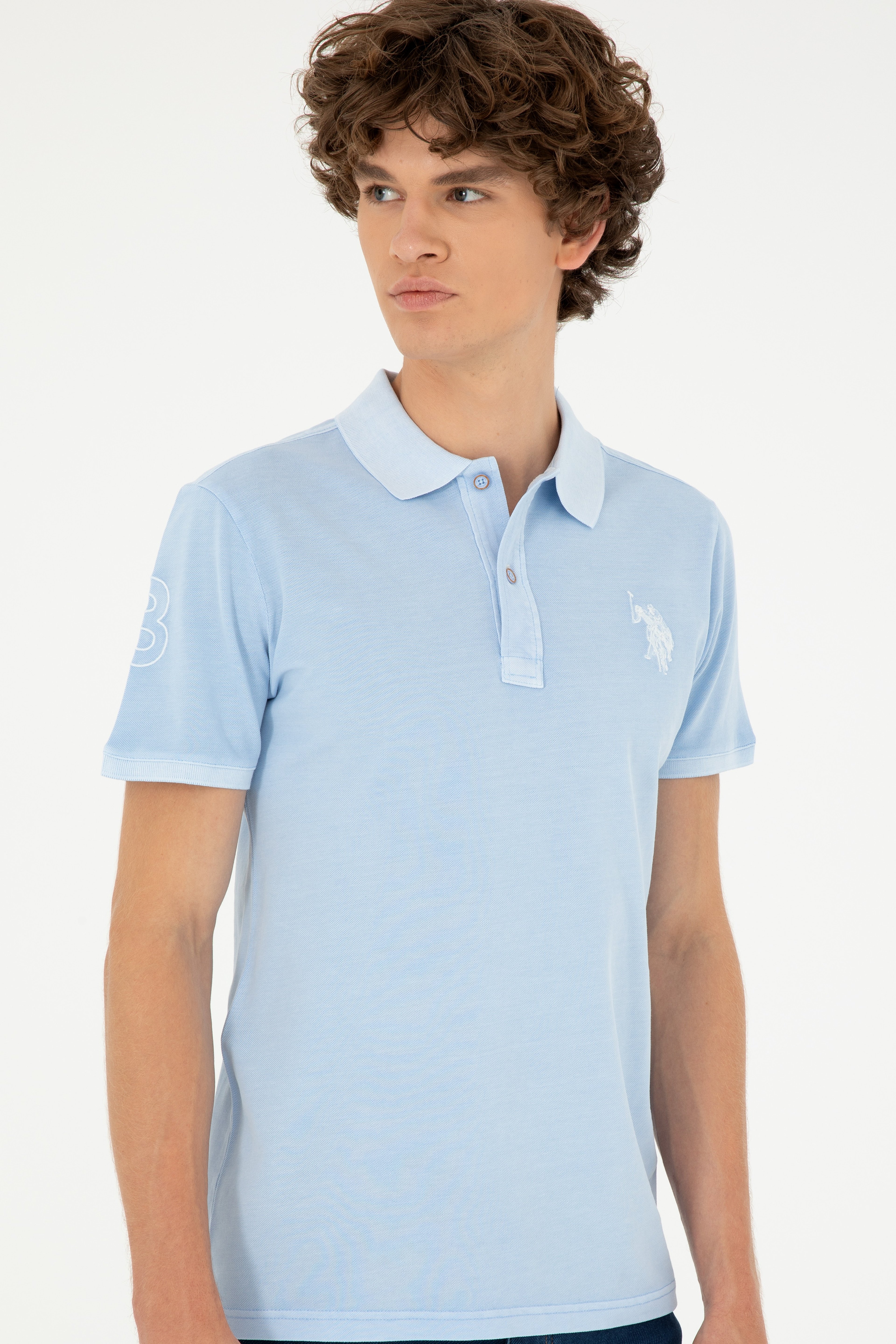 Erkek Slim Fit Polo Yaka Açık Mavi Basic Tişört