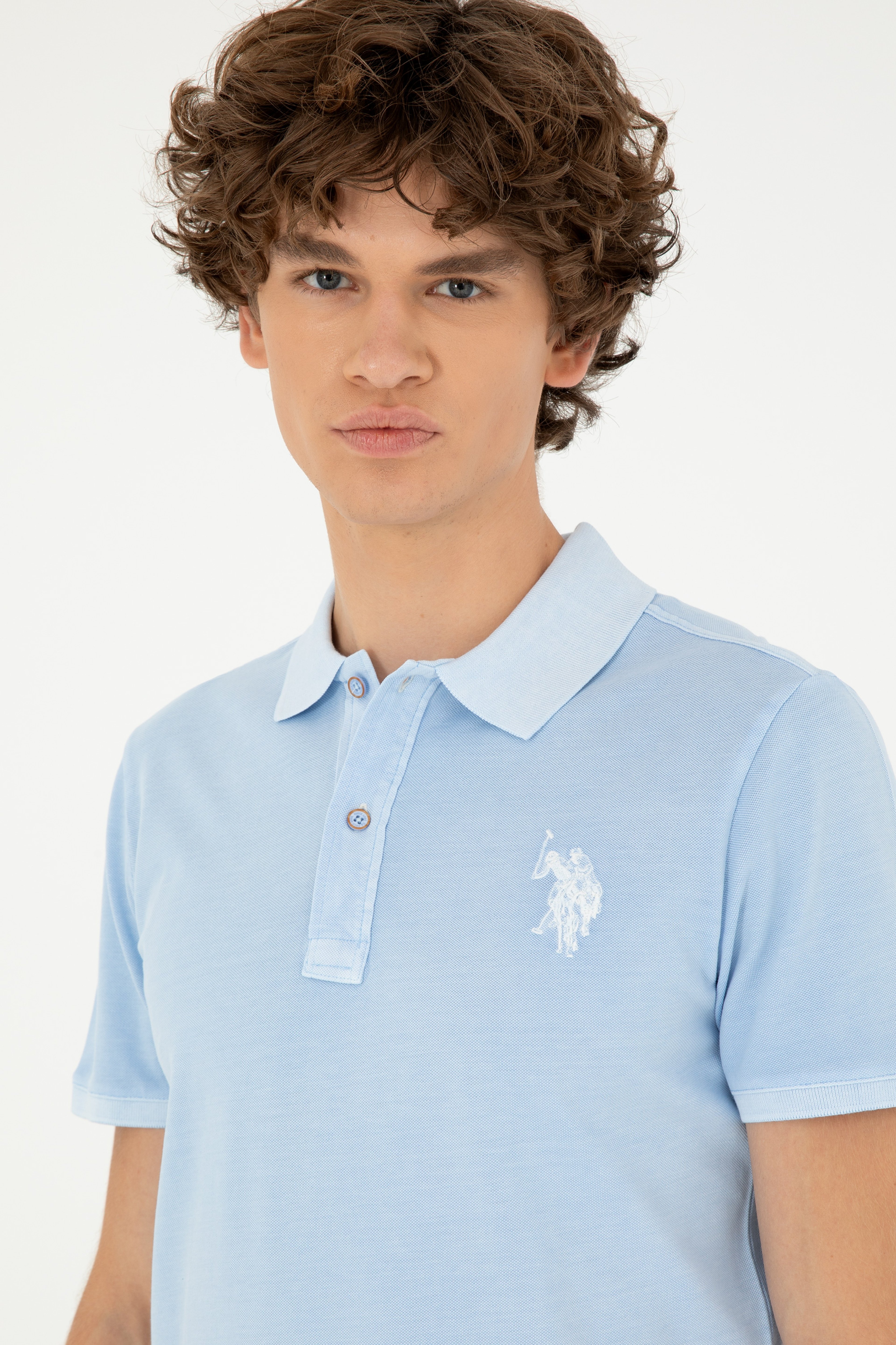 Erkek Slim Fit Polo Yaka Açık Mavi Basic Tişört