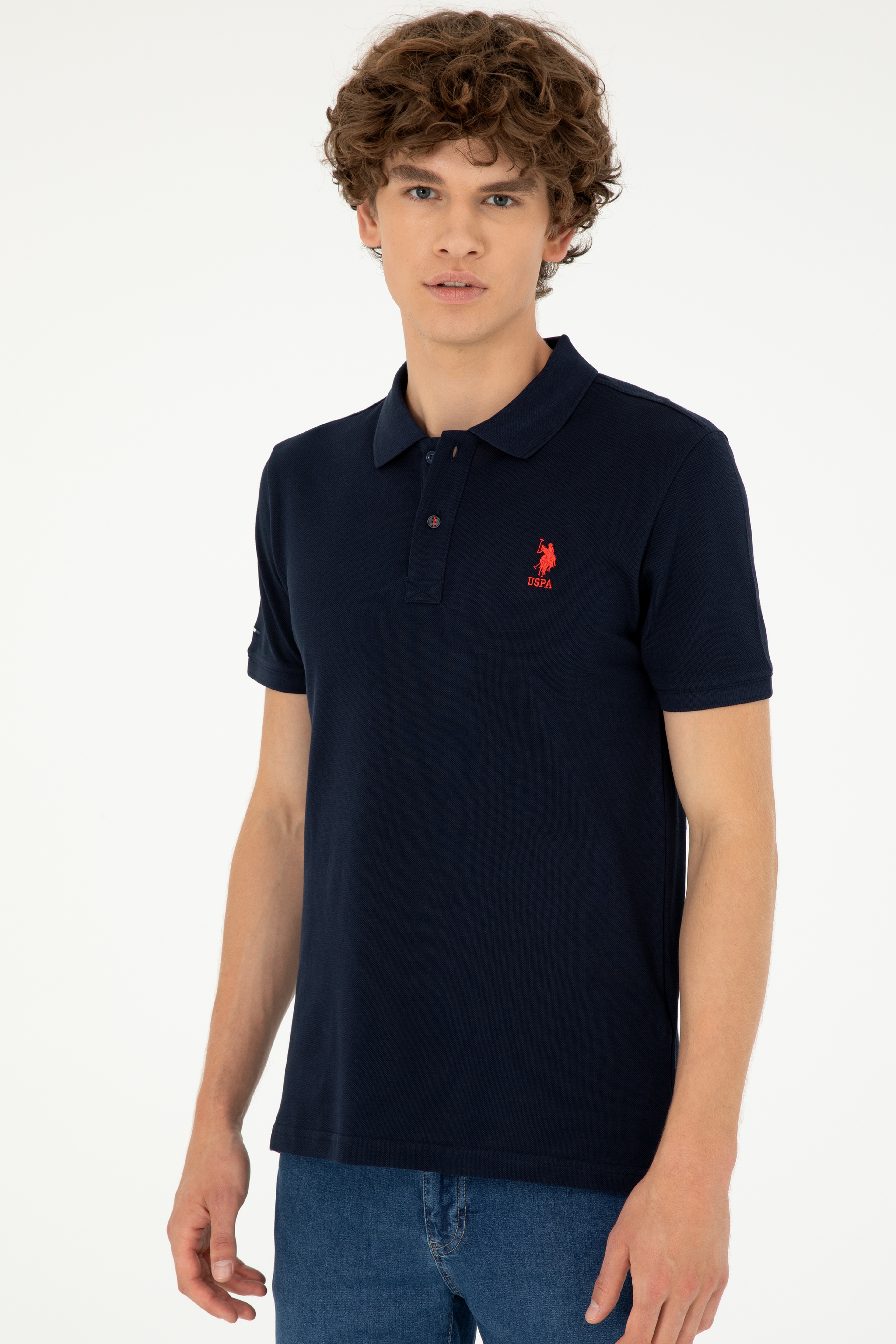 Erkek Slim Fit Polo Yaka Koyu Lacivert Basic Tişört - Image 3