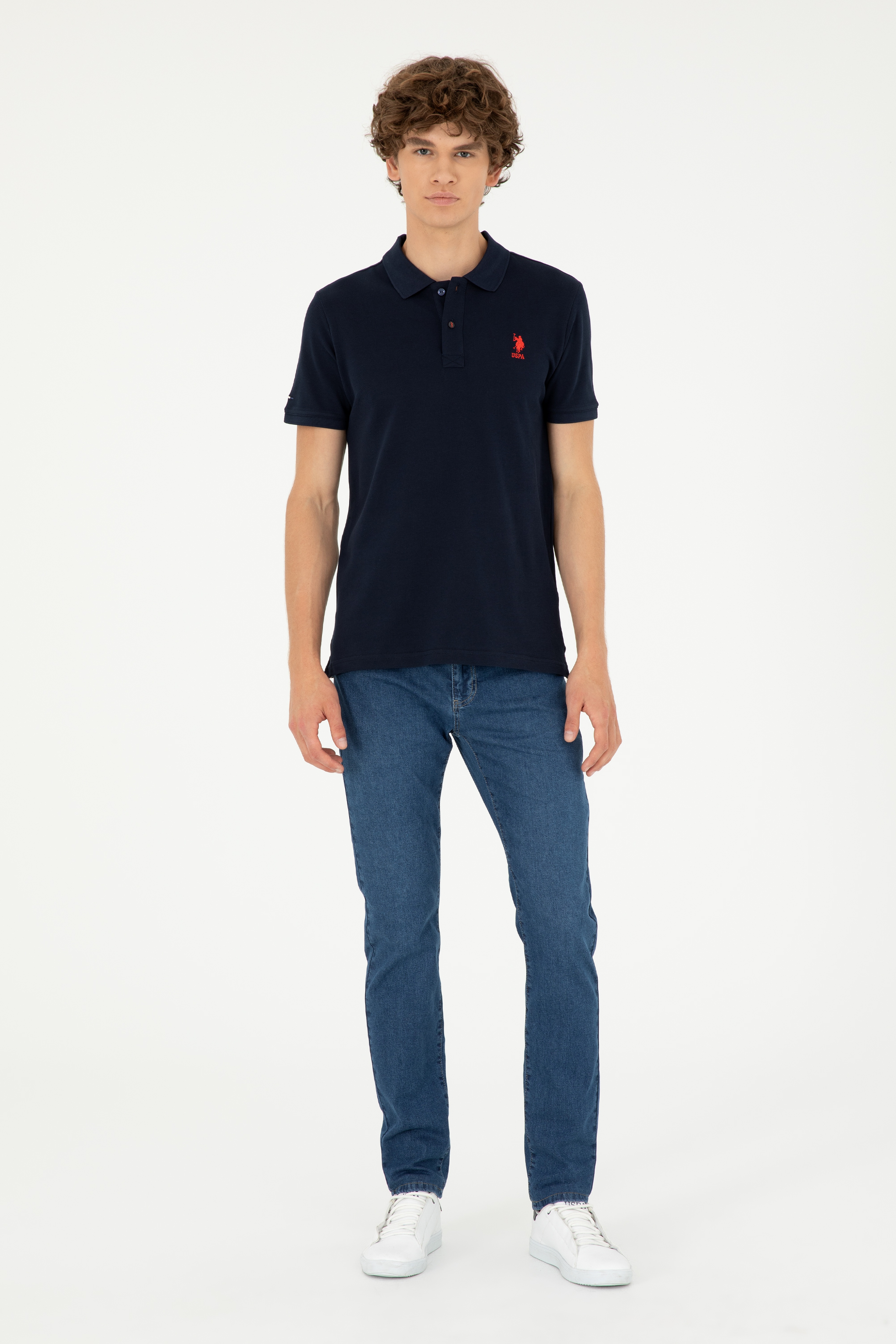 Erkek Slim Fit Polo Yaka Koyu Lacivert Basic Tişört