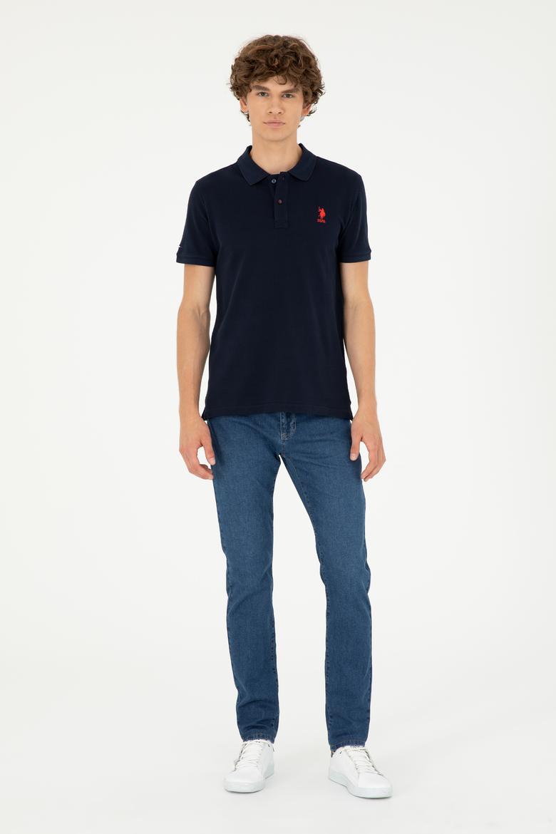 Erkek Slim Fit Polo Yaka Koyu Lacivert Basic Tişört - 50279613057