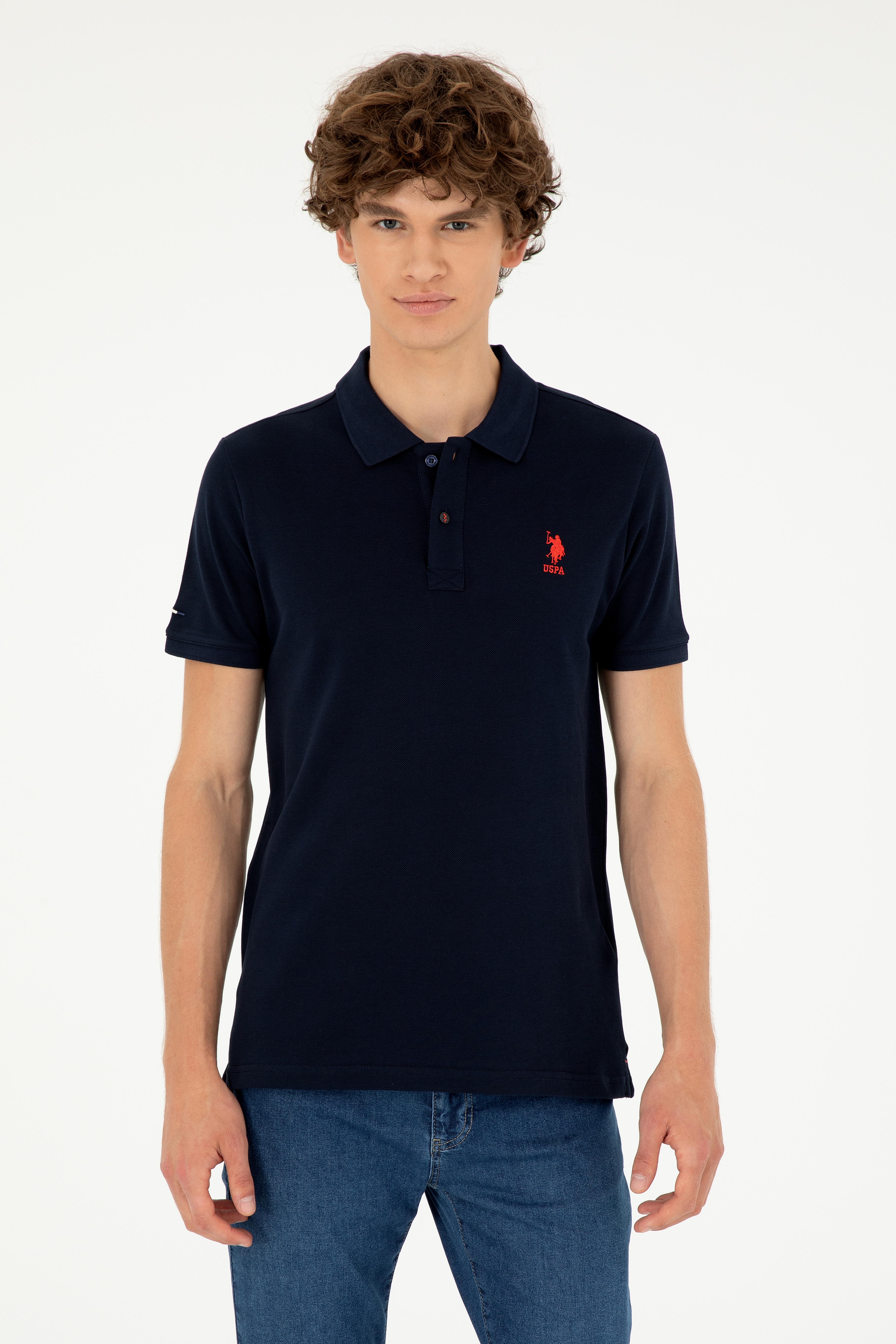 Erkek Slim Fit Polo Yaka Koyu Lacivert Basic Tişört - Image 1