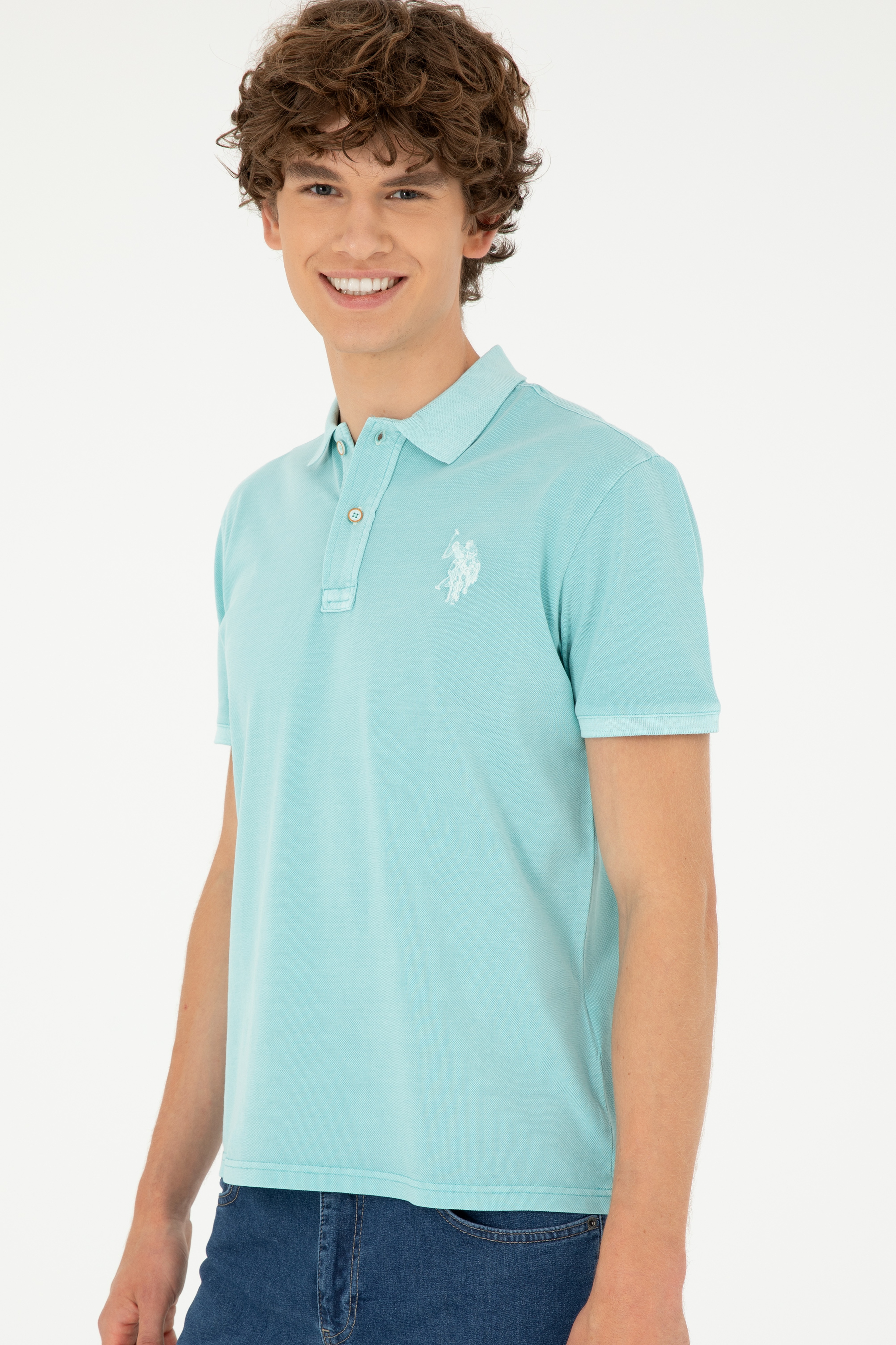 Erkek Slim Fit Polo Yaka Mint Basic Tişört