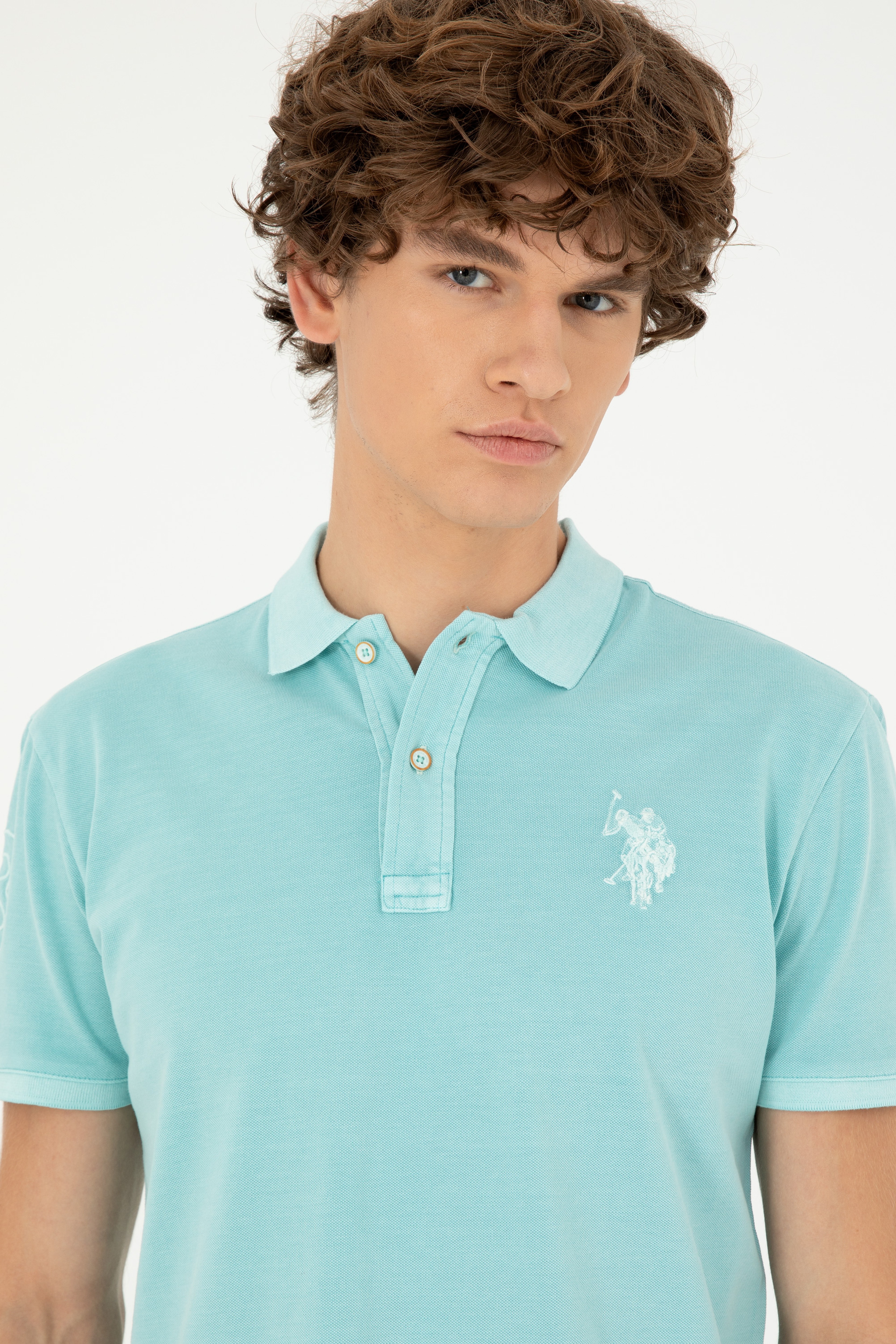 Erkek Slim Fit Polo Yaka Mint Basic Tişört - Image 2