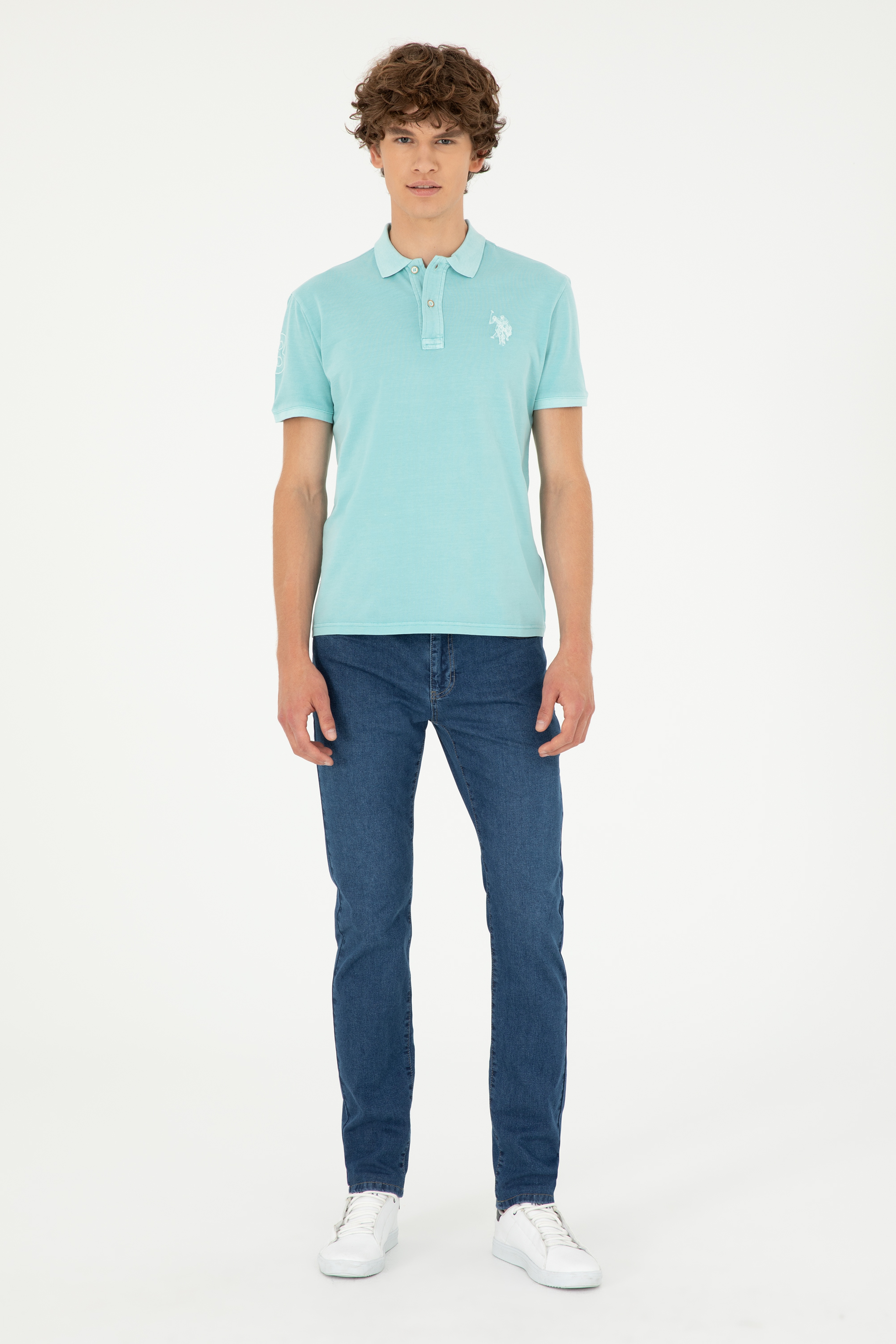 Erkek Slim Fit Polo Yaka Mint Basic Tişört - Image 4