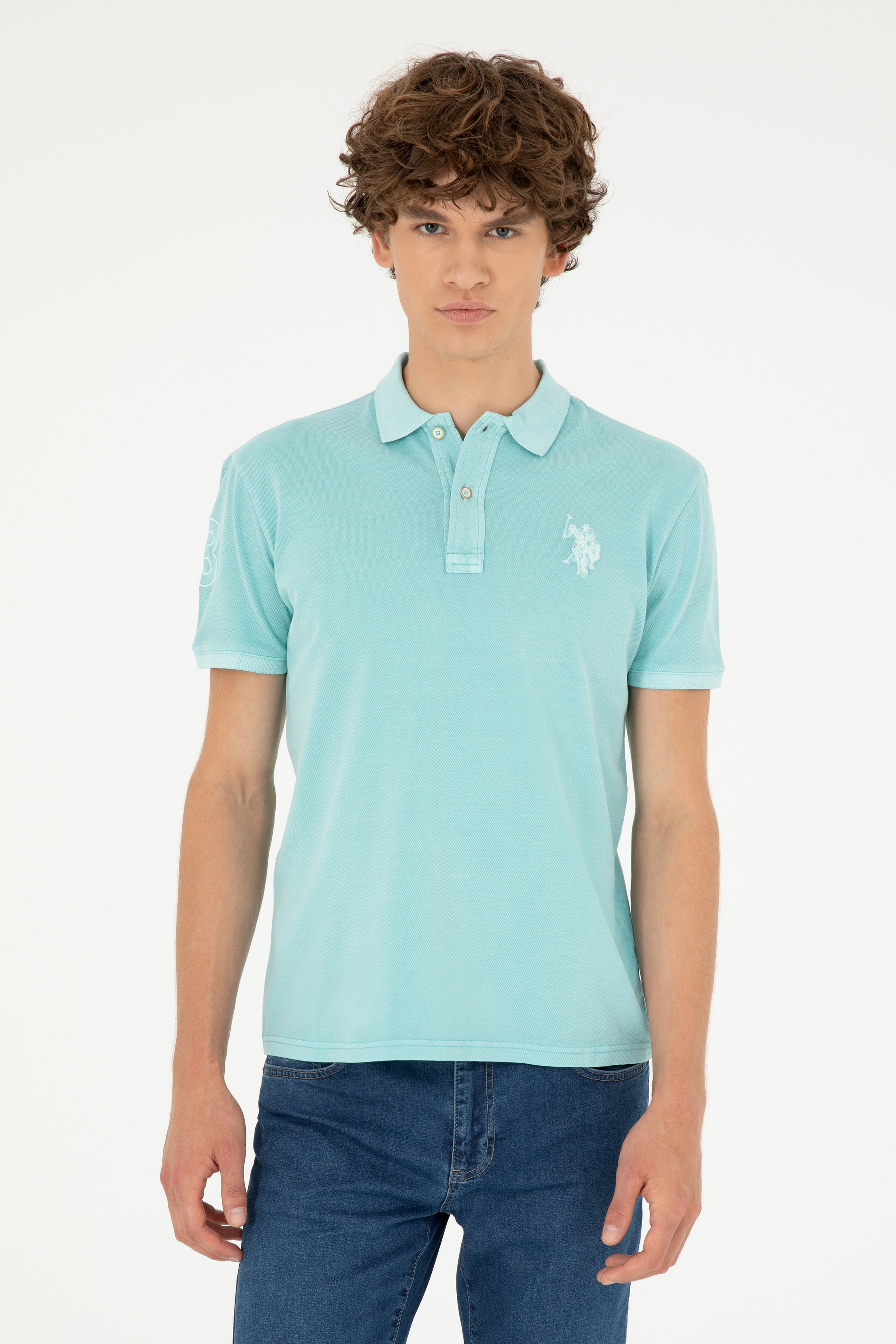 Erkek Slim Fit Polo Yaka Mint Basic Tişört - Image 1
