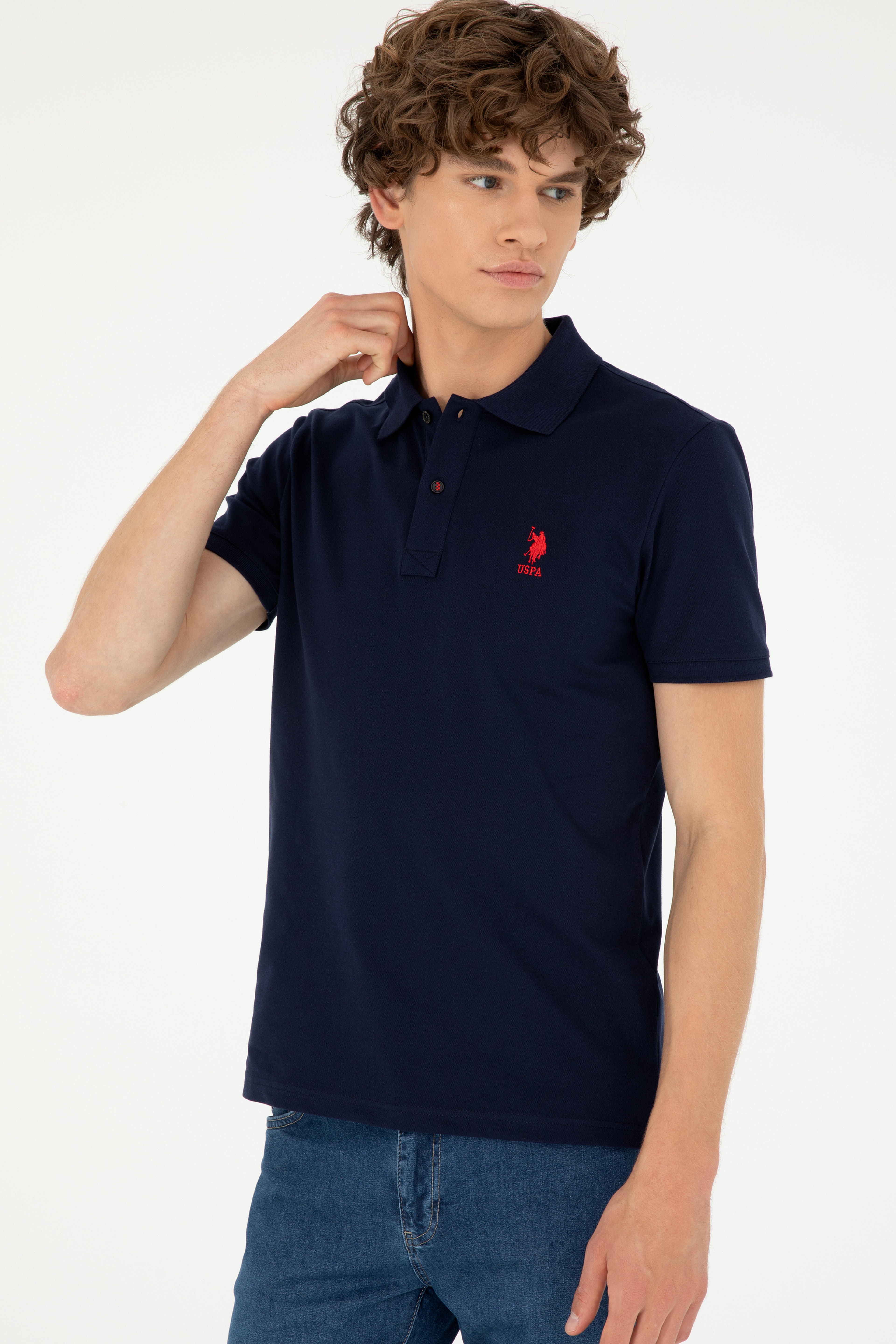 Erkek Slim Fit Polo Yaka Lacivert Basic Tişört - Image 3