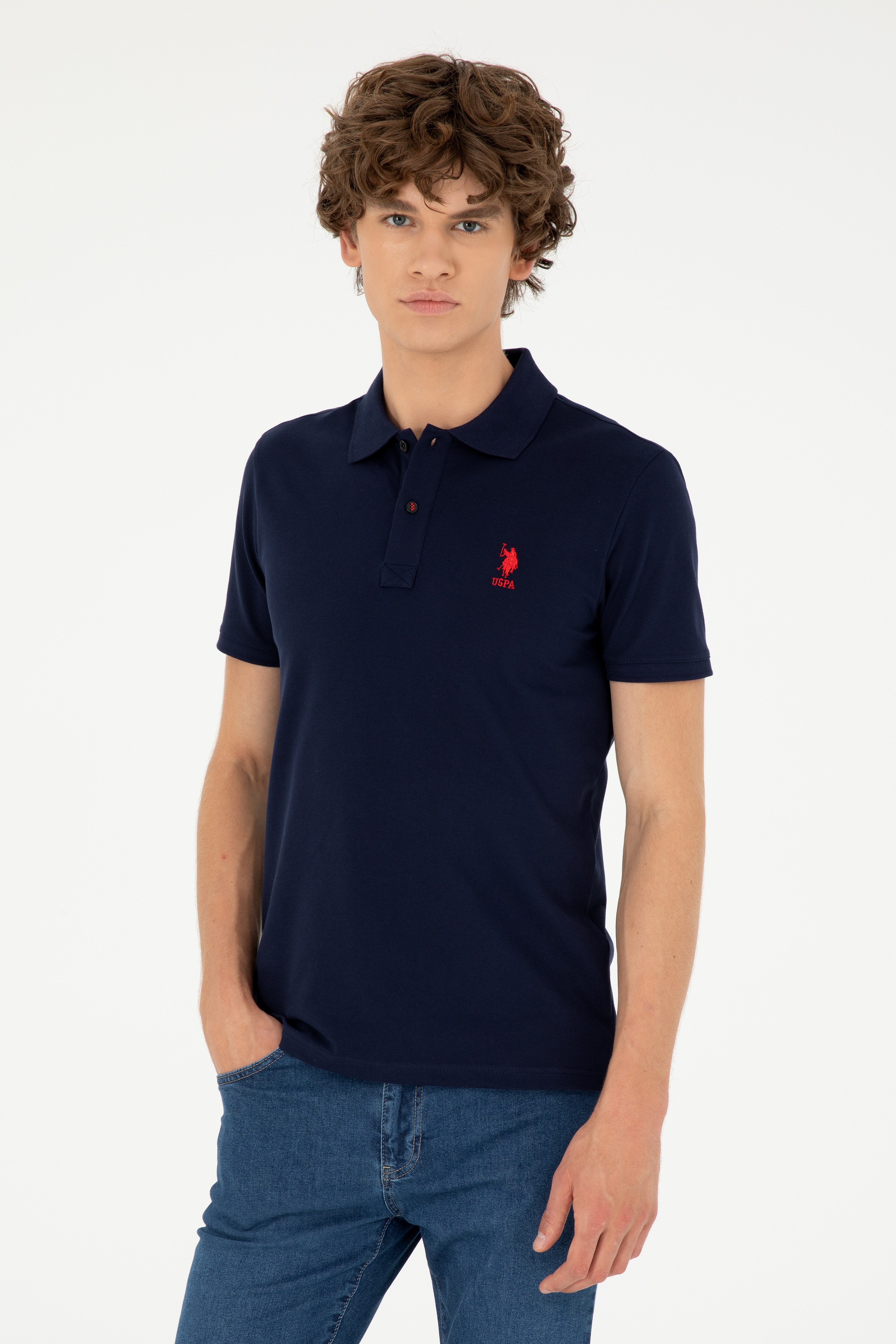 Erkek Slim Fit Polo Yaka Lacivert Basic Tişört - Image 1