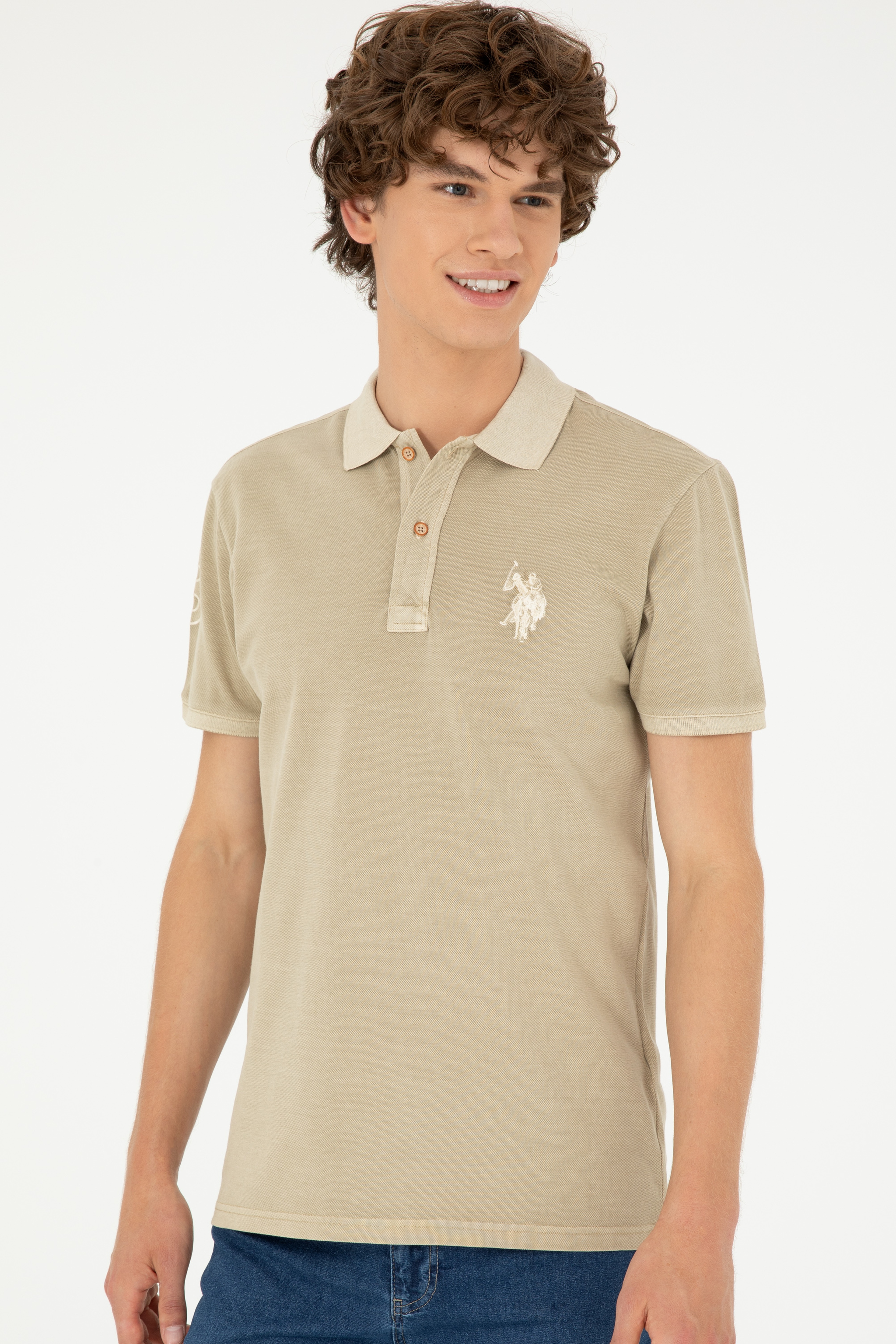 Erkek Slim Fit Polo Yaka Açık Haki Basic Tişört