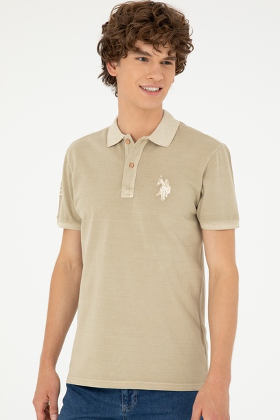 Erkek Slim Fit Polo Yaka Açık Haki Basic Tişört