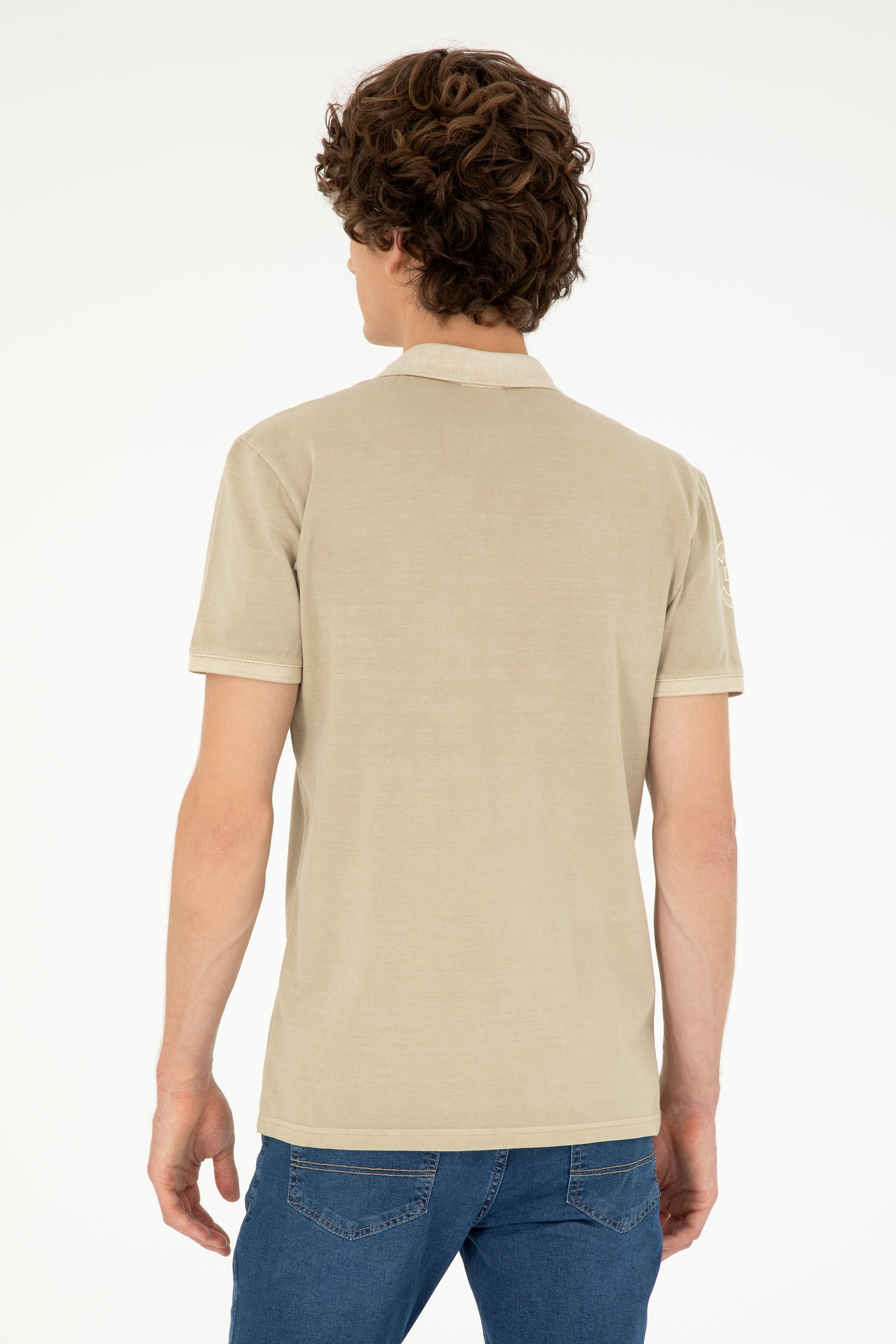 Erkek Slim Fit Polo Yaka Açık Haki Basic Tişört - Image 5