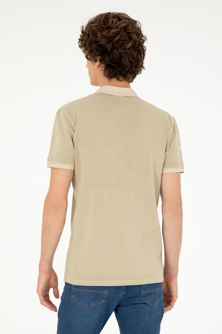 Erkek Slim Fit Polo Yaka Açık Haki Basic Tişört - 50279591206