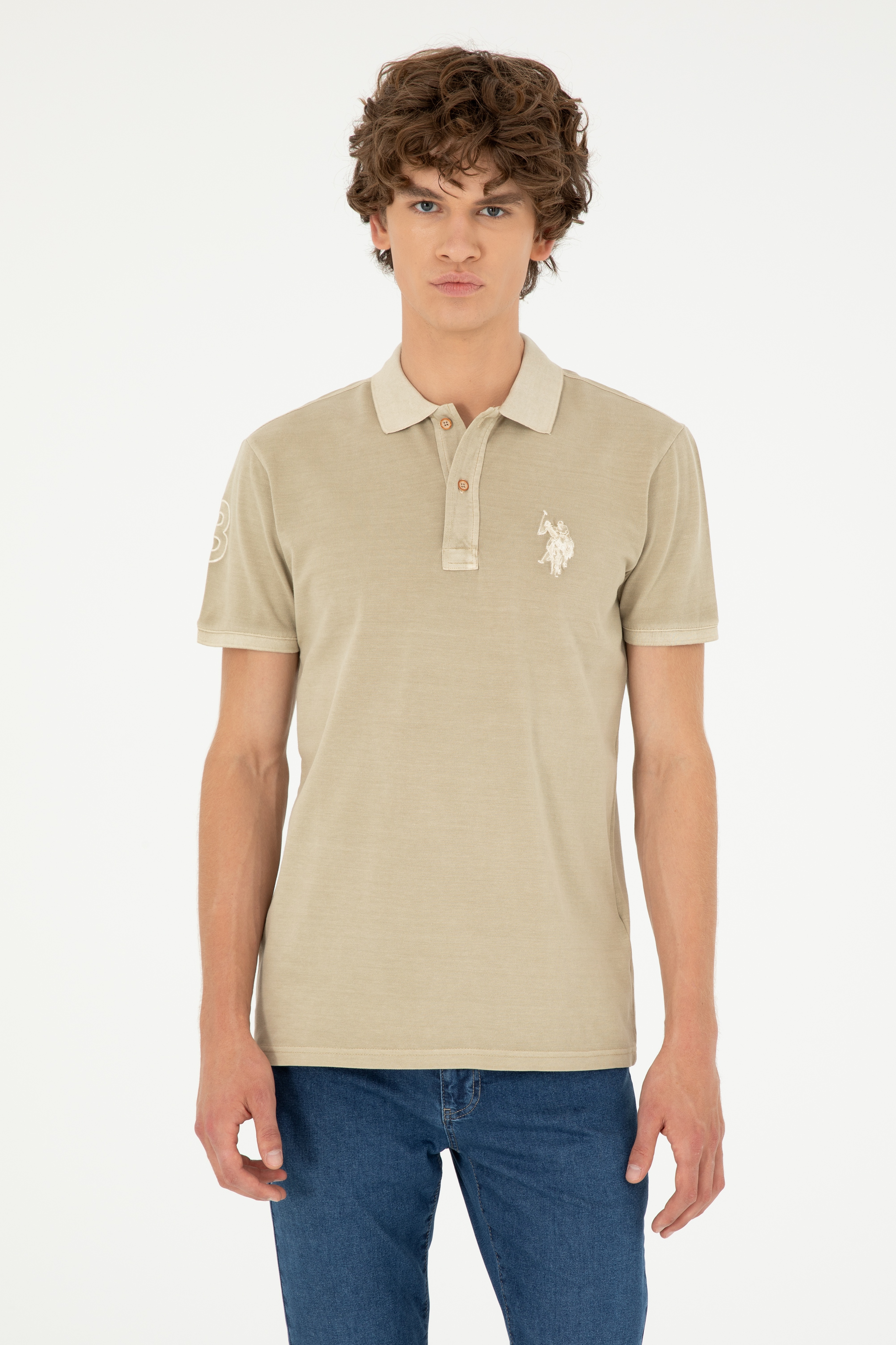 Erkek Slim Fit Polo Yaka Açık Haki Basic Tişört - Image 1