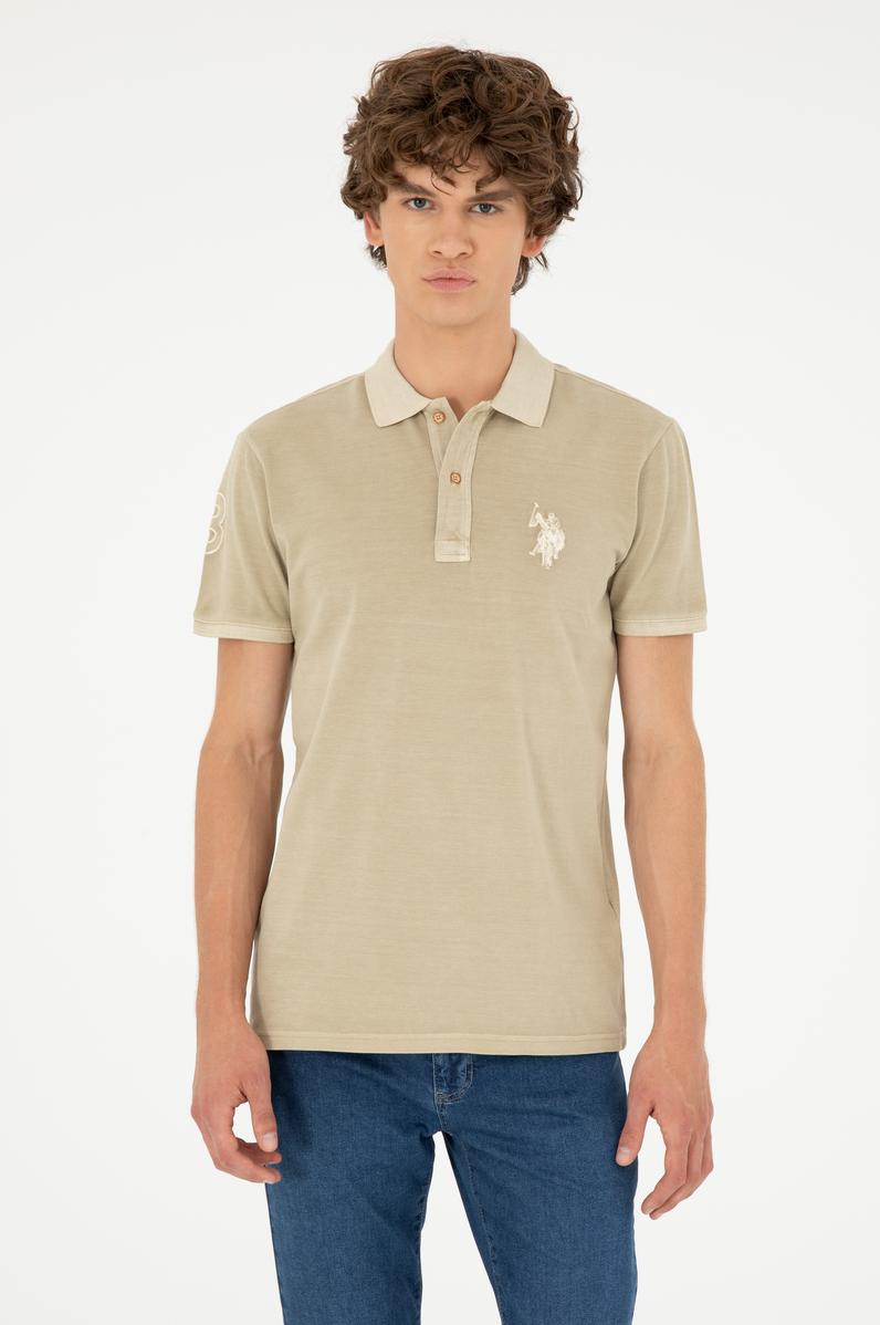 Erkek Slim Fit Polo Yaka Açık Haki Basic Tişört