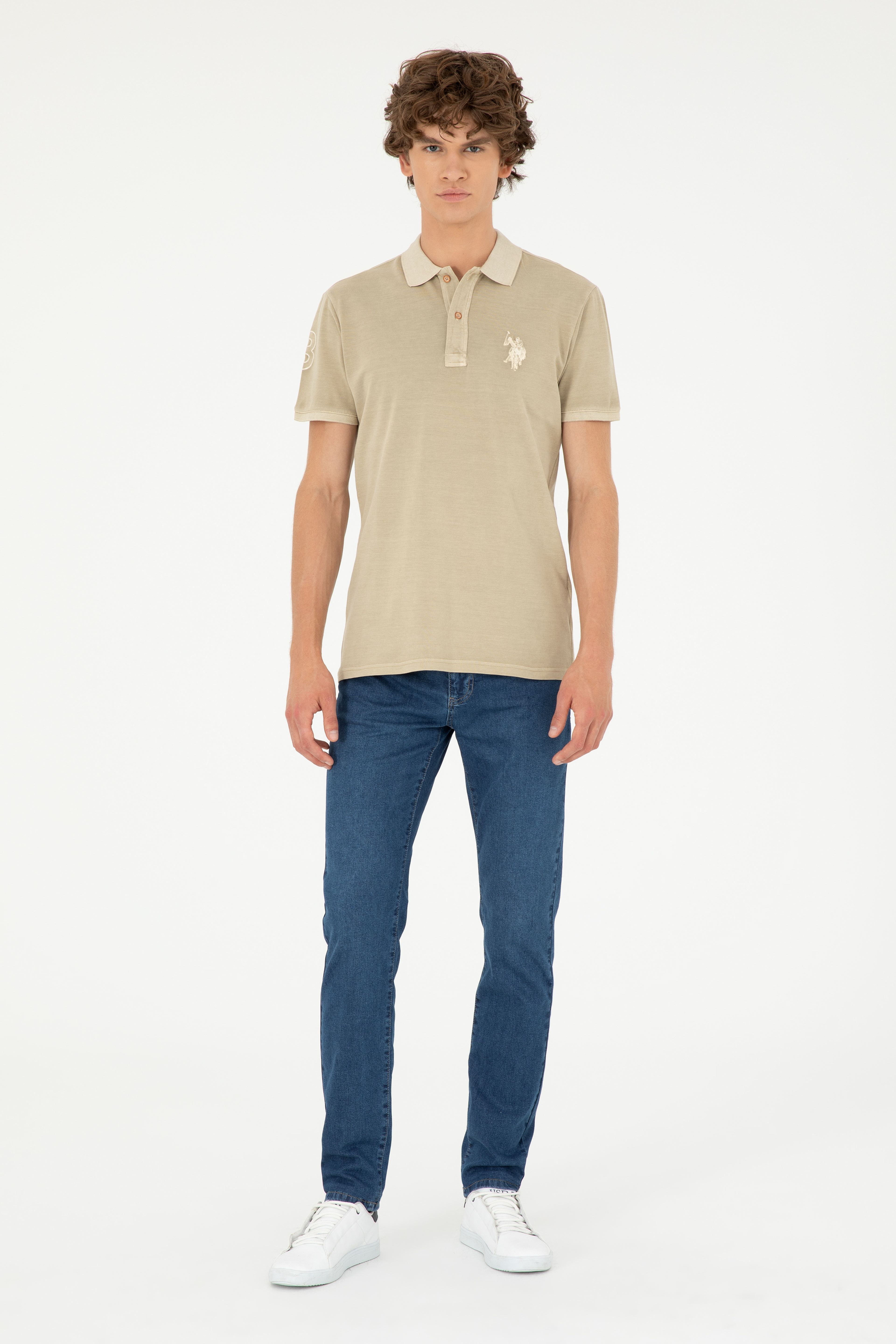 Erkek Slim Fit Polo Yaka Açık Haki Basic Tişört - Image 4