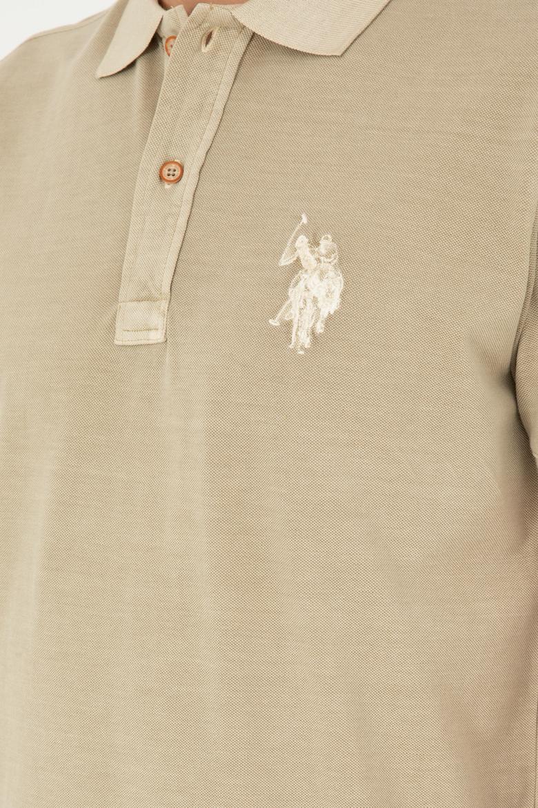 Erkek Slim Fit Polo Yaka Açık Haki Basic Tişört - 50279591206