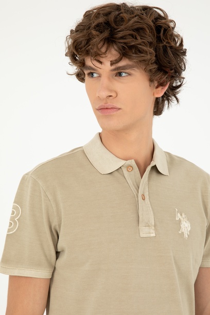 Erkek Slim Fit Polo Yaka Açık Haki Basic Tişört