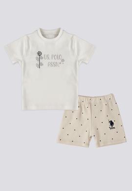 Kız Bebek Bej Puantiyeli 2'li Kısa Kol Tişört Takım - 50303747004
