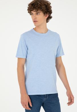 Erkek Regular Fit Bisiklet Yaka Açık Mavi Basic Tişört - 50279578006