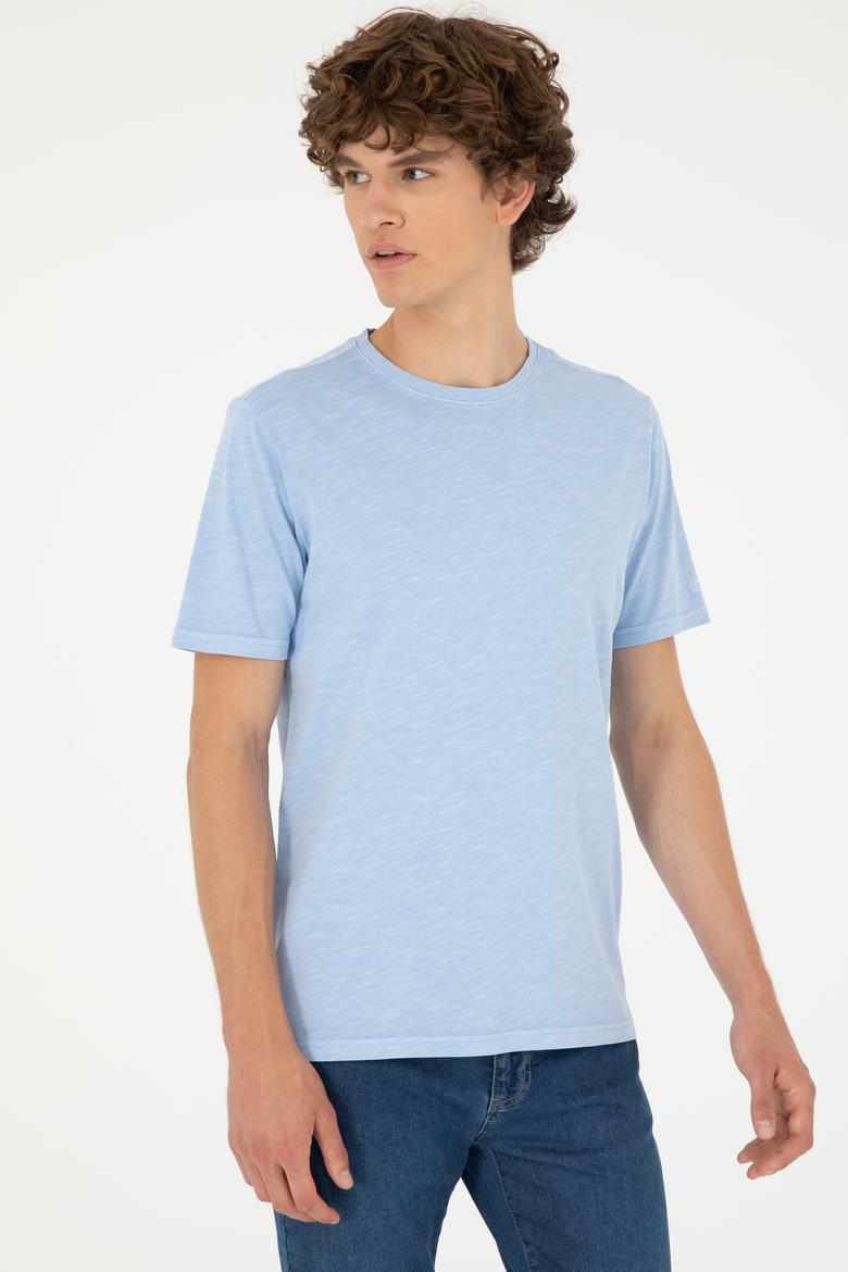 Erkek Regular Fit Bisiklet Yaka Açık Mavi Basic Tişört - 50279578006