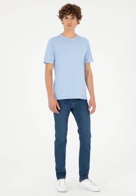 Erkek Regular Fit Bisiklet Yaka Açık Mavi Basic Tişört - 50279578006