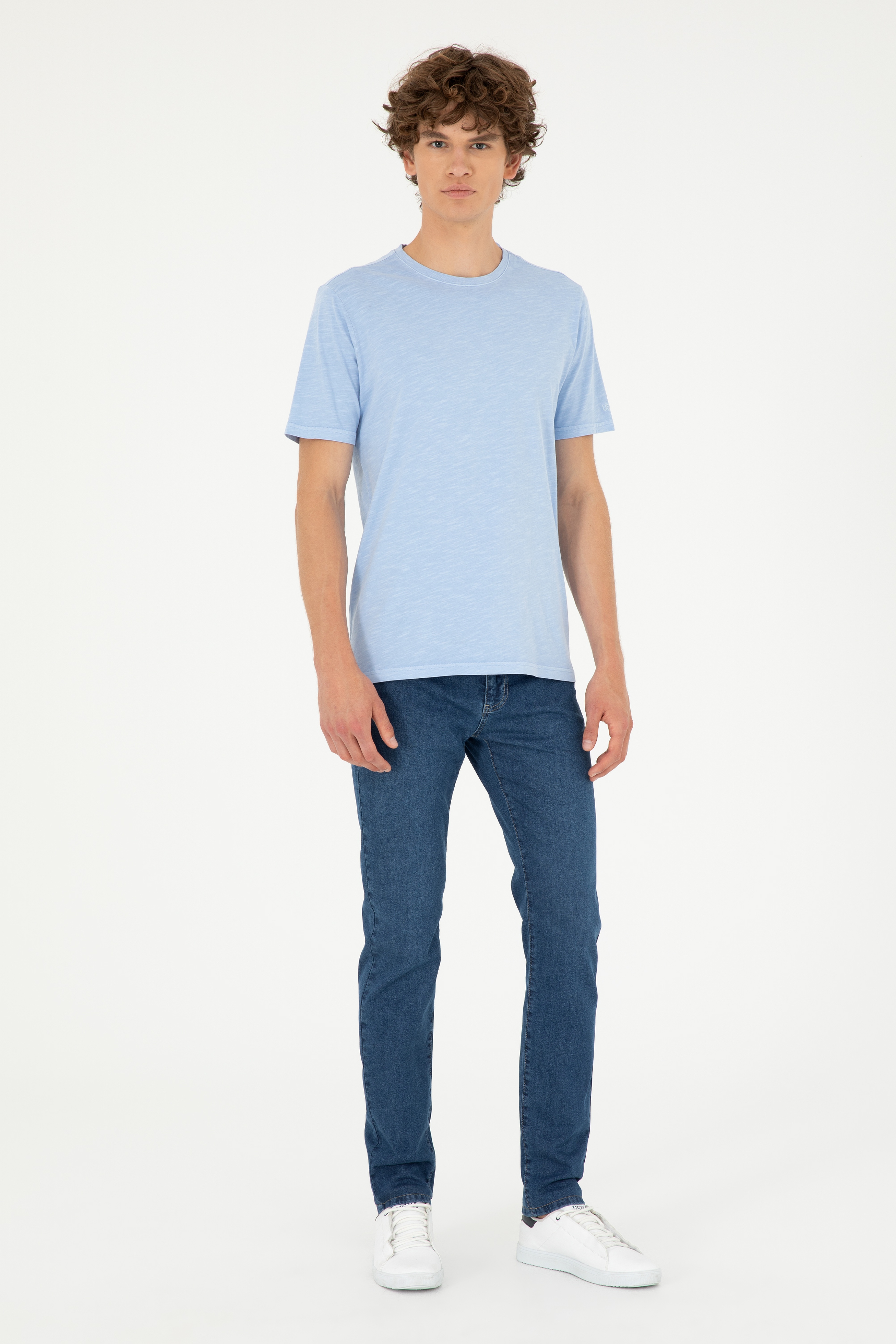 Erkek Regular Fit Bisiklet Yaka Açık Mavi Basic Tişört - Image 4