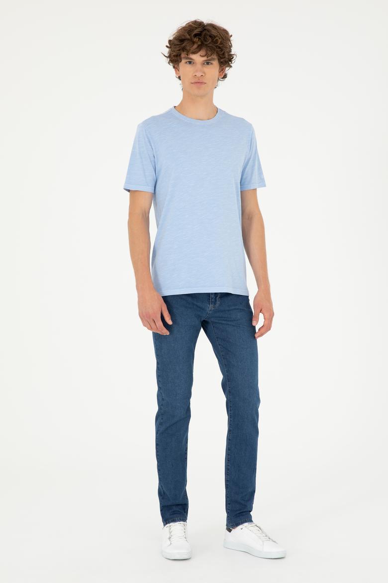 Erkek Regular Fit Bisiklet Yaka Açık Mavi Basic Tişört - 50279578006