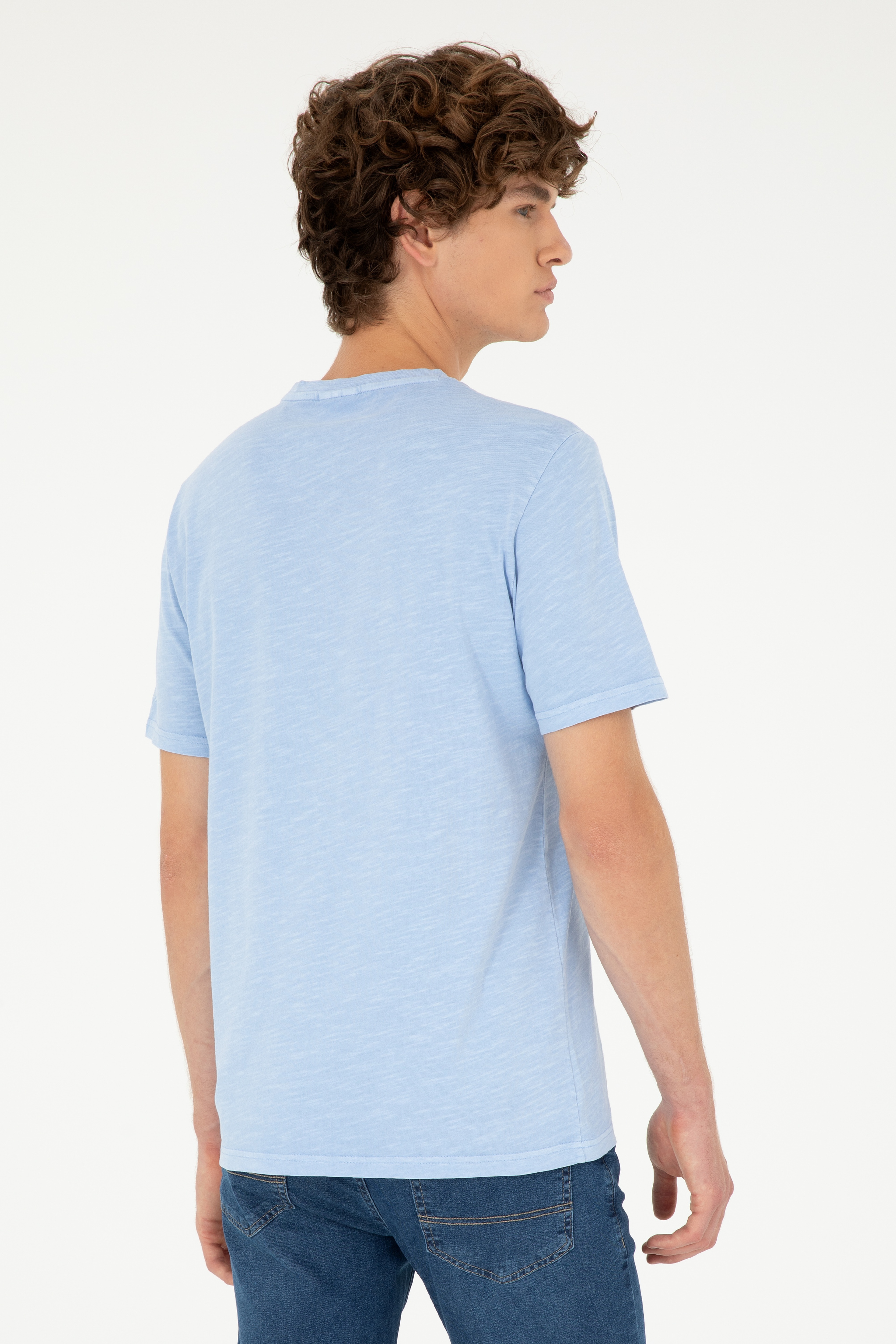 Erkek Regular Fit Bisiklet Yaka Açık Mavi Basic Tişört - Image 5