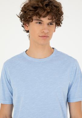 Erkek Regular Fit Bisiklet Yaka Açık Mavi Basic Tişört - 50279578006