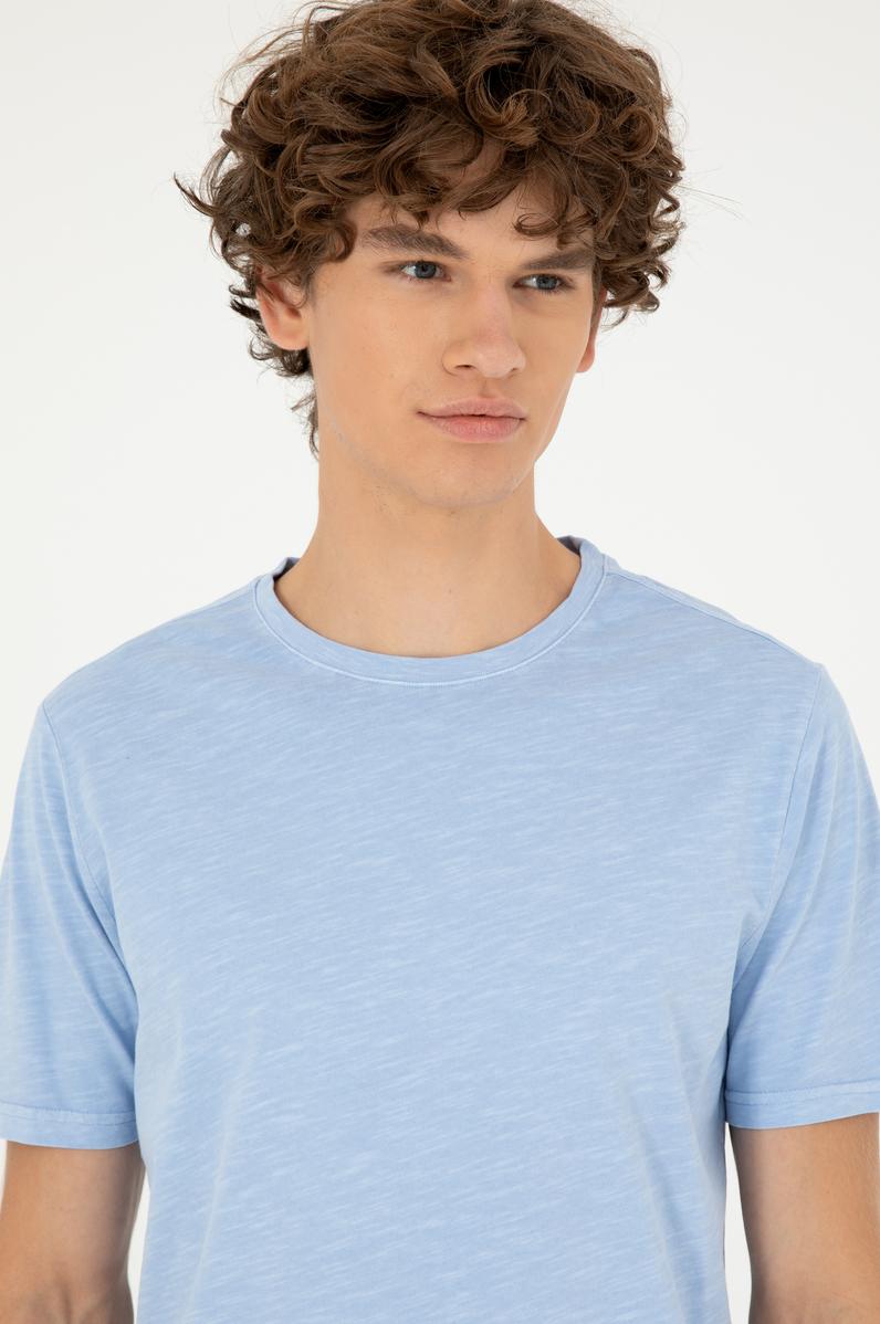Erkek Regular Fit Bisiklet Yaka Açık Mavi Basic Tişört