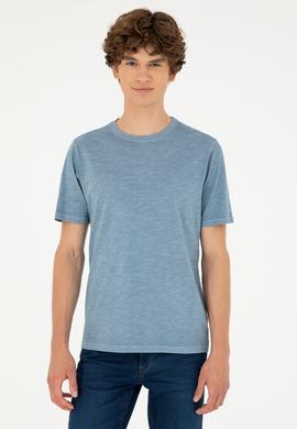 Erkek Regular Fit Bisiklet Yaka İndigo Basic Tişört - 50279578021