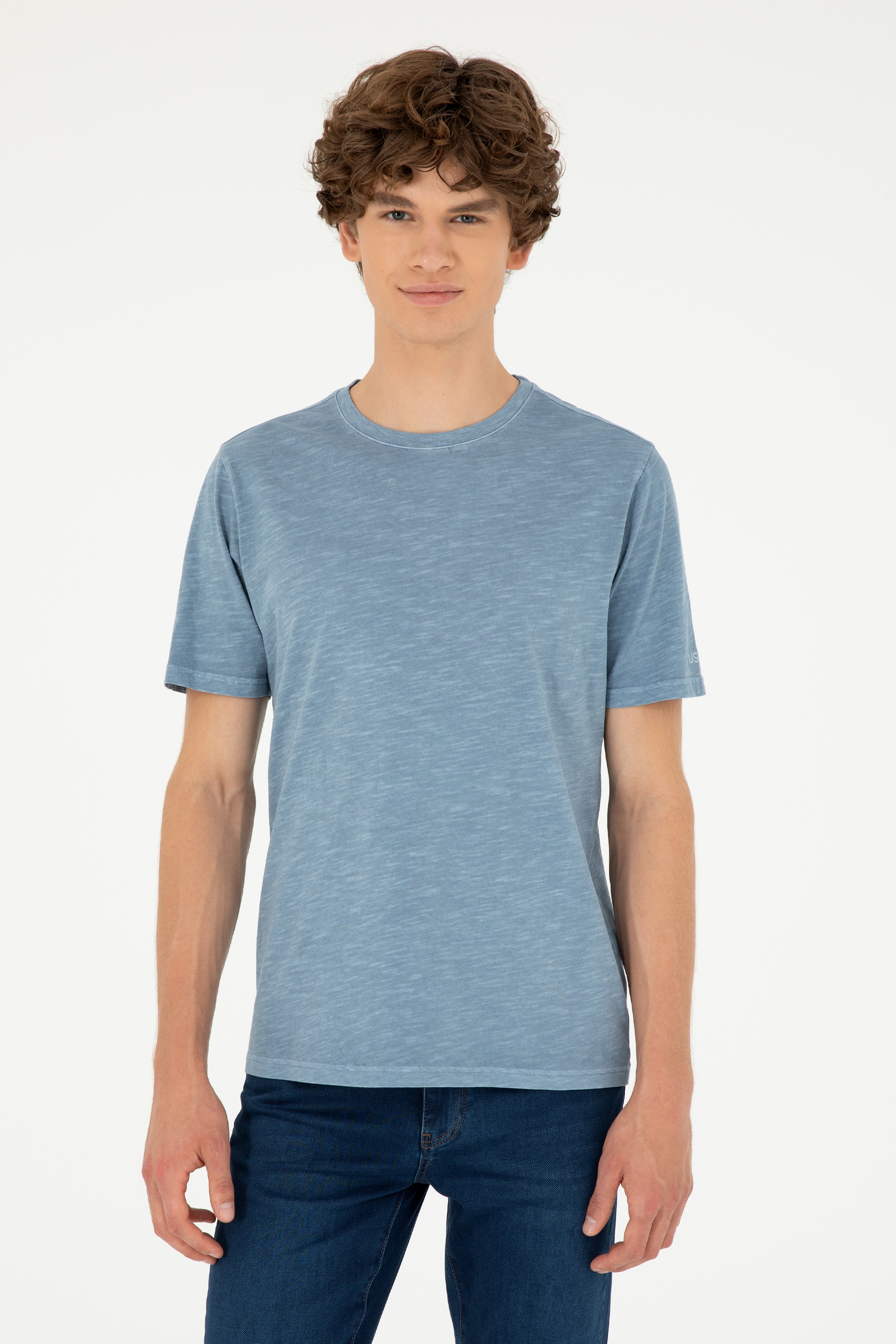 Erkek Regular Fit Bisiklet Yaka İndigo Basic Tişört - Image 1