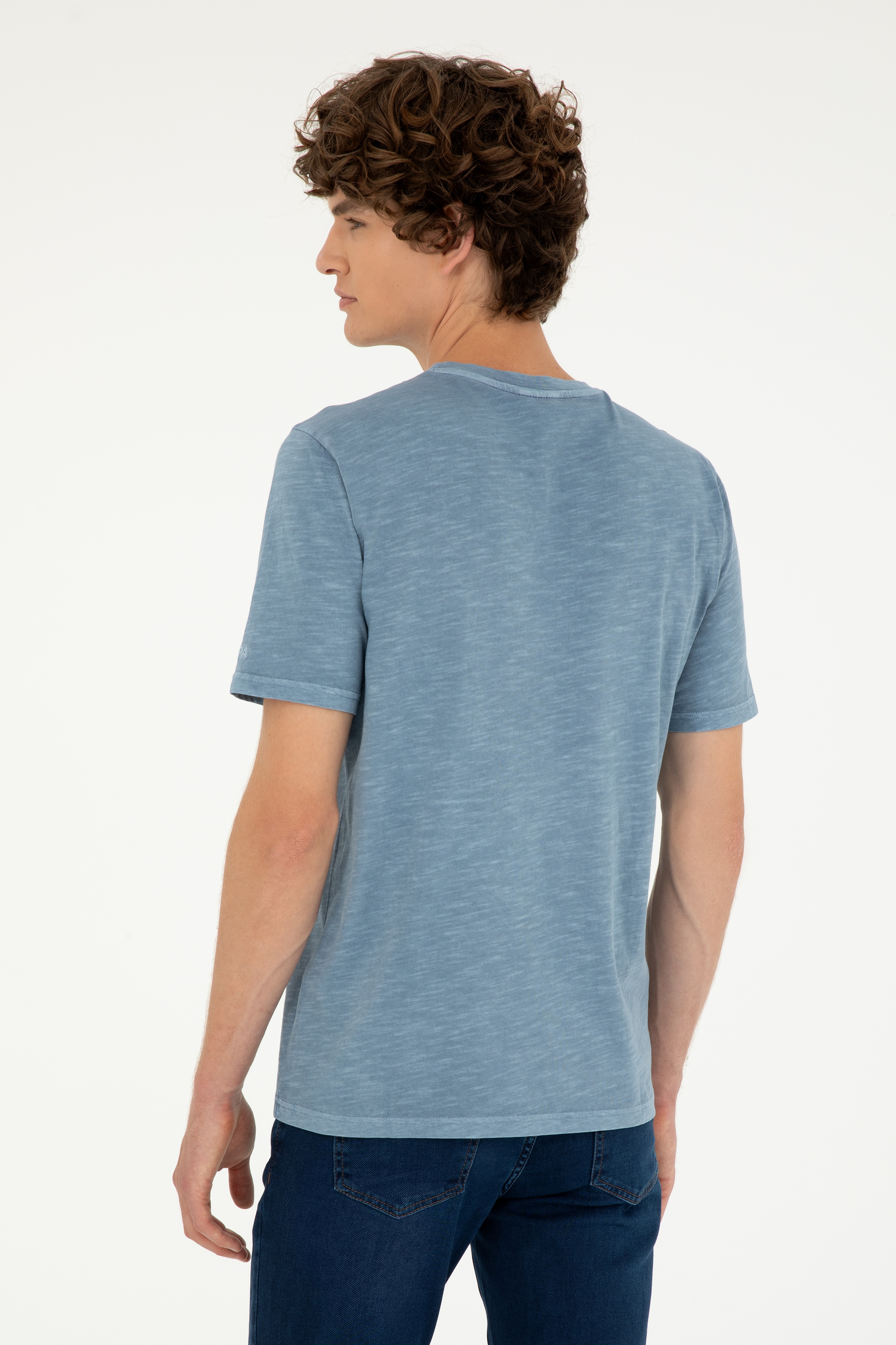Erkek Regular Fit Bisiklet Yaka İndigo Basic Tişört - Image 5