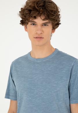 Erkek Regular Fit Bisiklet Yaka İndigo Basic Tişört - 50279578021