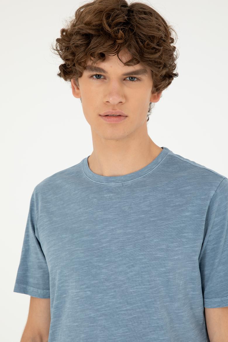 Erkek Regular Fit Bisiklet Yaka İndigo Basic Tişört - 50279578021