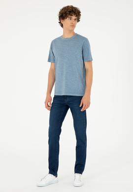 Erkek Regular Fit Bisiklet Yaka İndigo Basic Tişört - 50279578021