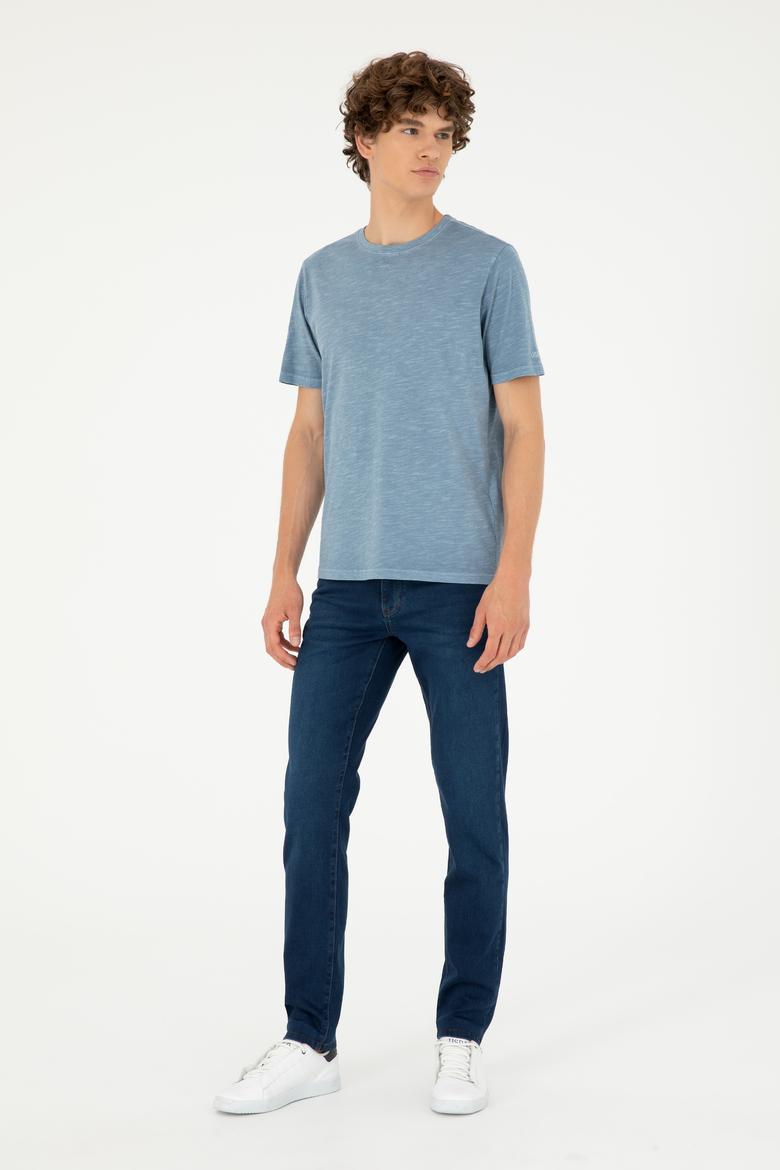 Erkek Regular Fit Bisiklet Yaka İndigo Basic Tişört - 50279578021