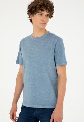 Erkek Regular Fit Bisiklet Yaka İndigo Basic Tişört - 50279578021