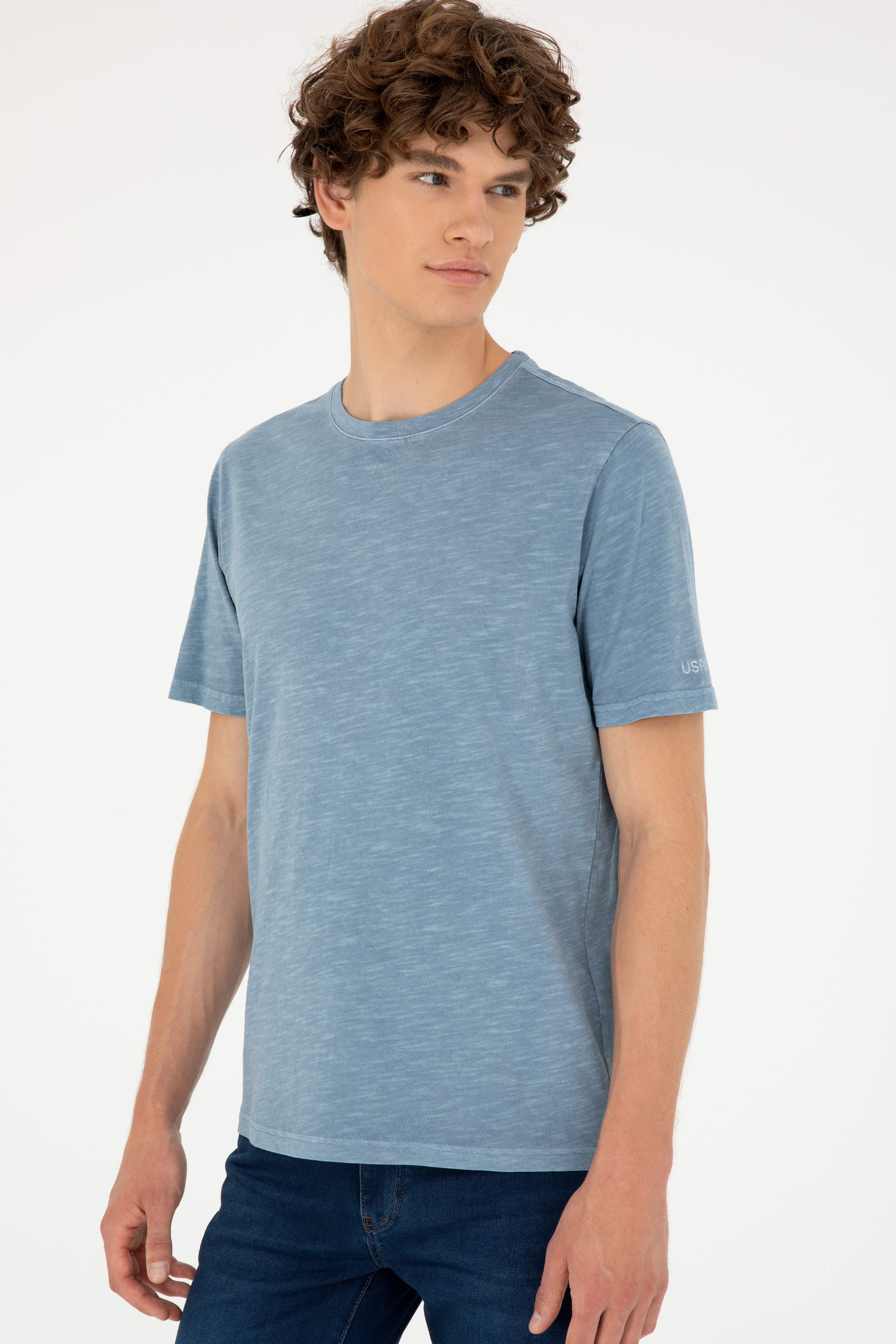 Erkek Regular Fit Bisiklet Yaka İndigo Basic Tişört - Image 3