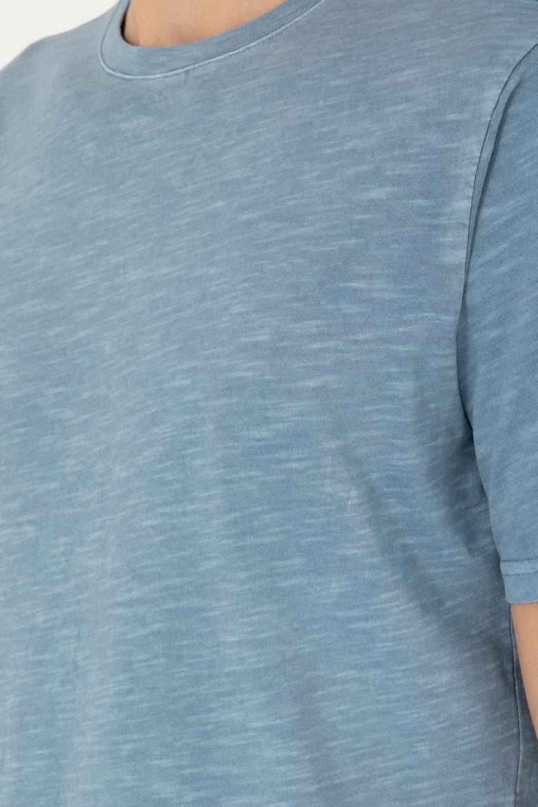 Erkek Regular Fit Bisiklet Yaka İndigo Basic Tişört - 50279578021