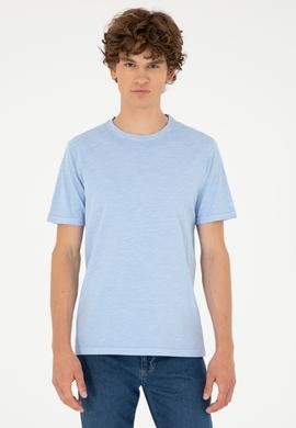 Erkek Regular Fit Bisiklet Yaka Açık Mavi Basic Tişört - 50279578006