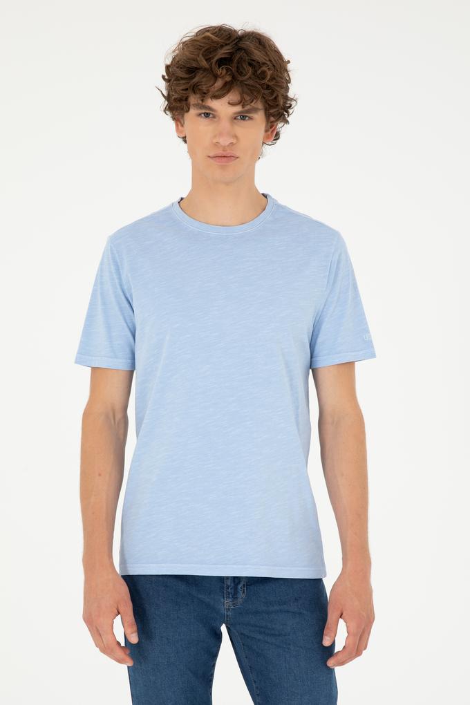 Erkek Regular Fit Bisiklet Yaka Açık Mavi Basic Tişört