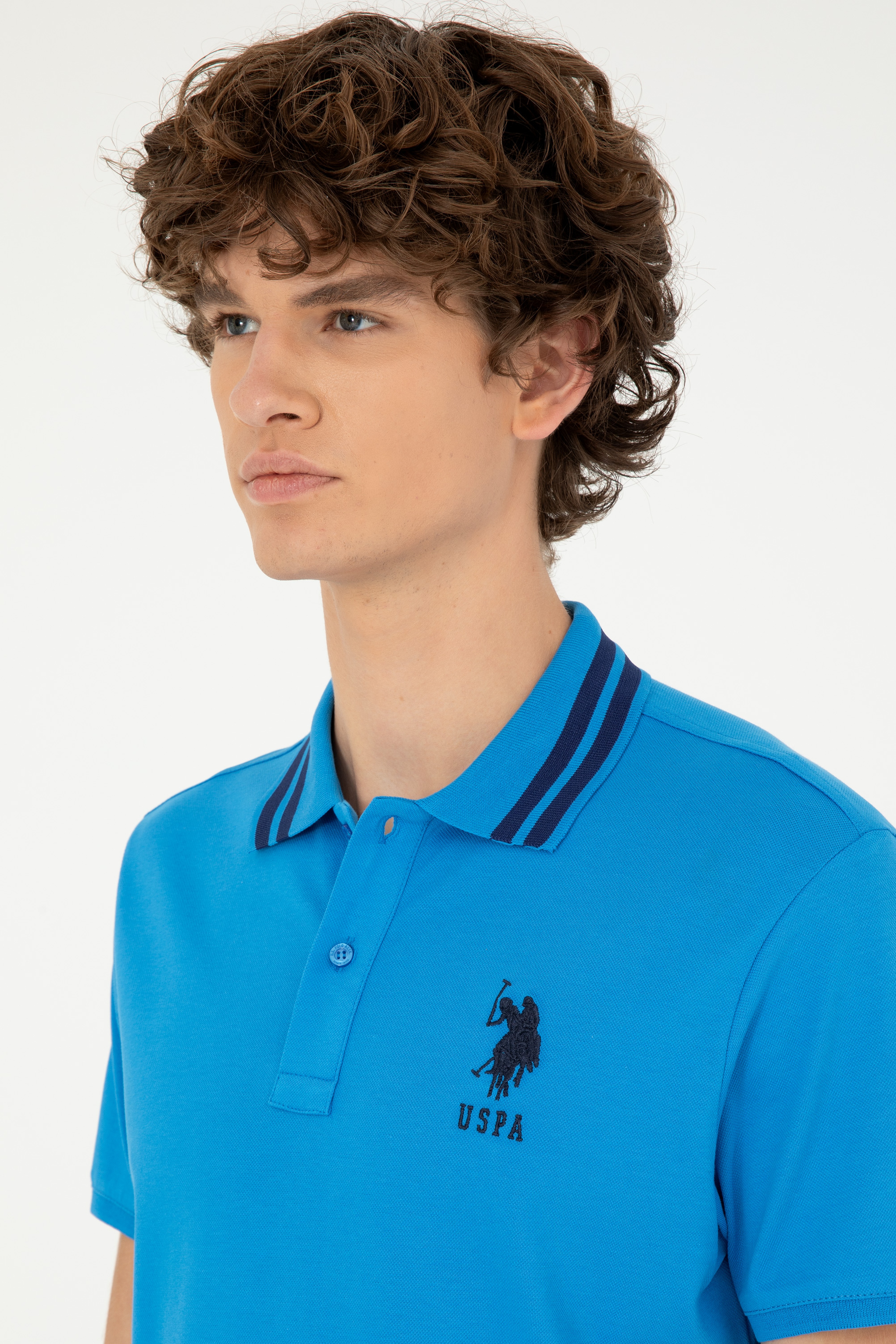 Erkek Slim Fit Polo Yaka Saks Basic Tişört - Image 2