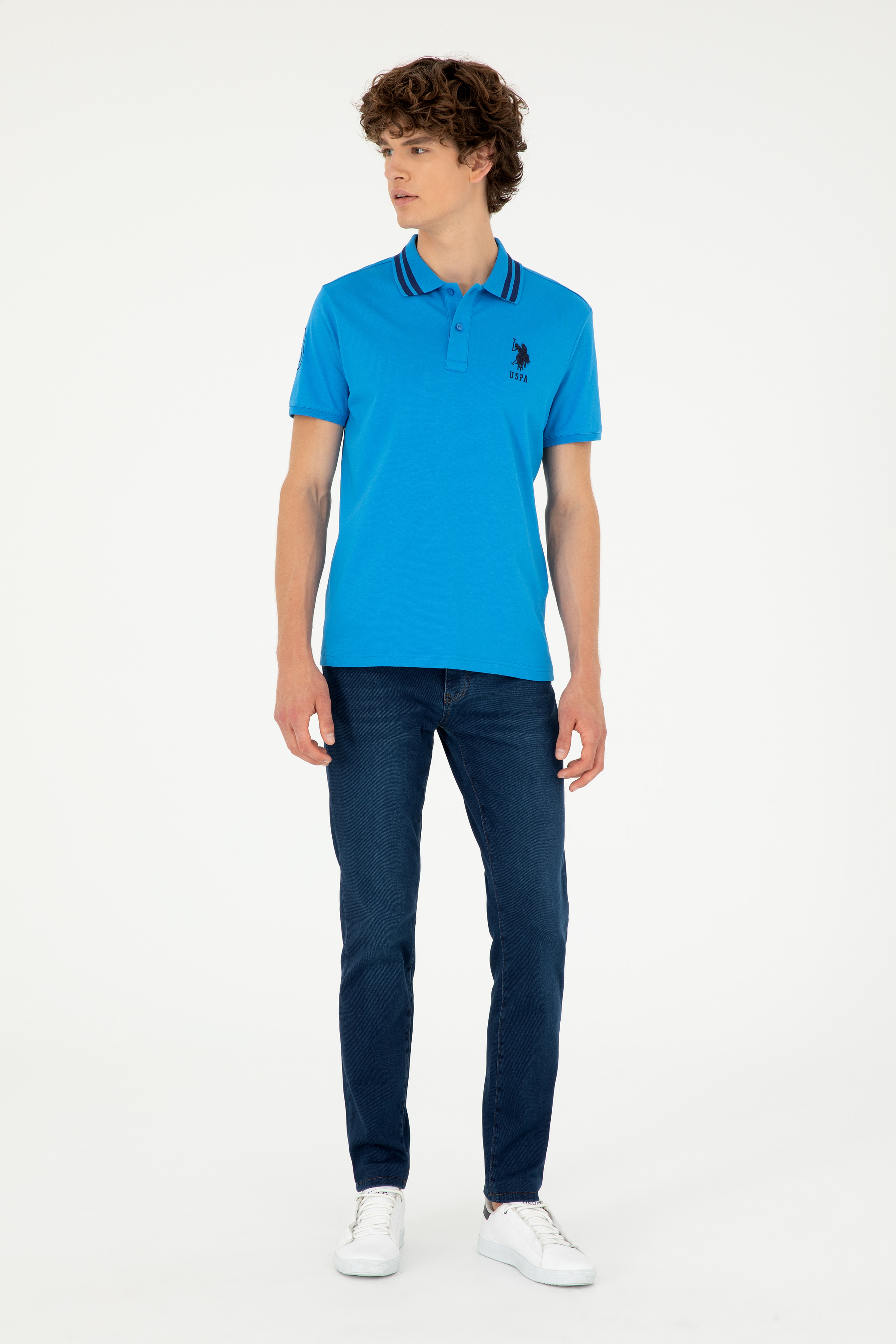 Erkek Slim Fit Polo Yaka Saks Basic Tişört