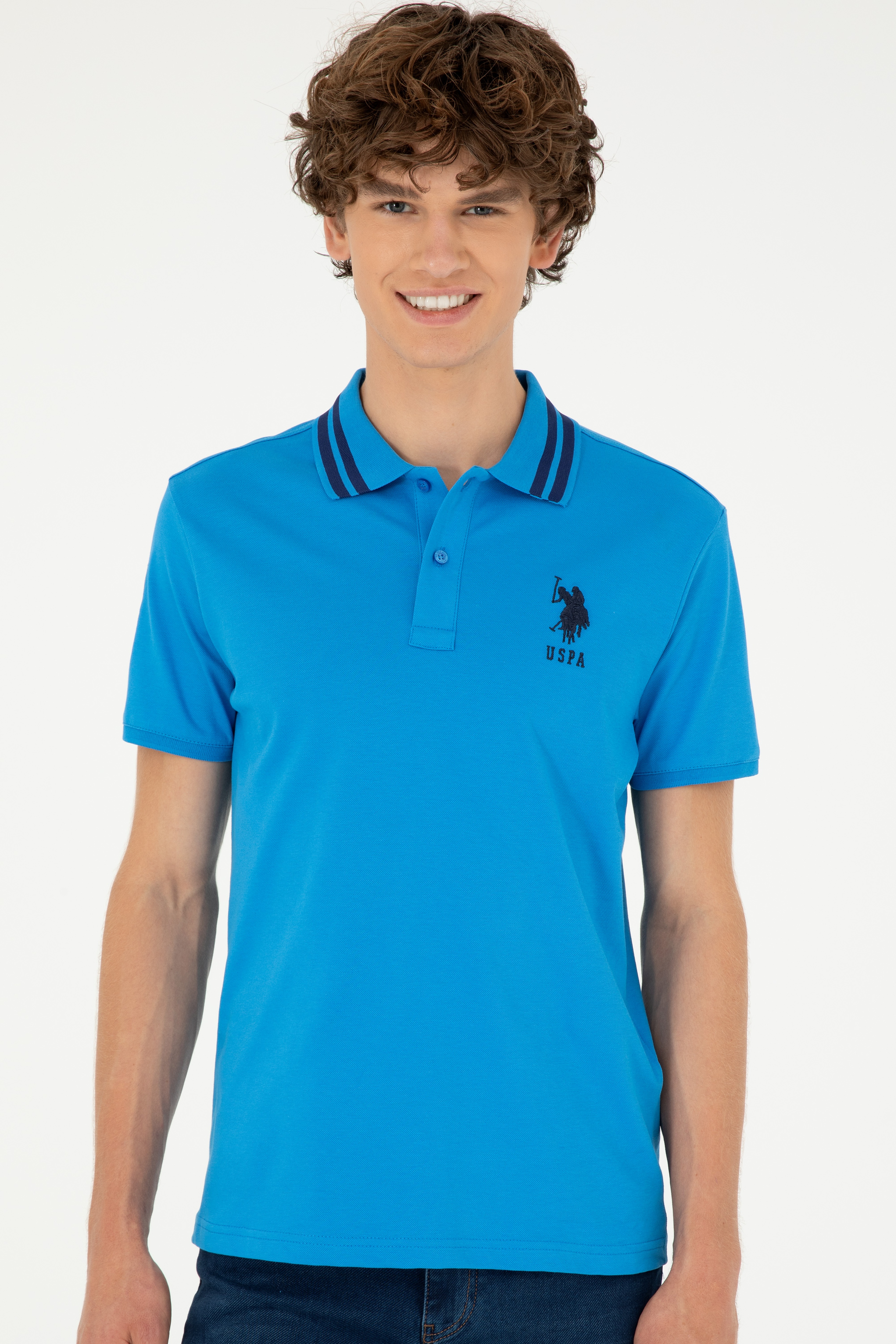 Erkek Slim Fit Polo Yaka Saks Basic Tişört