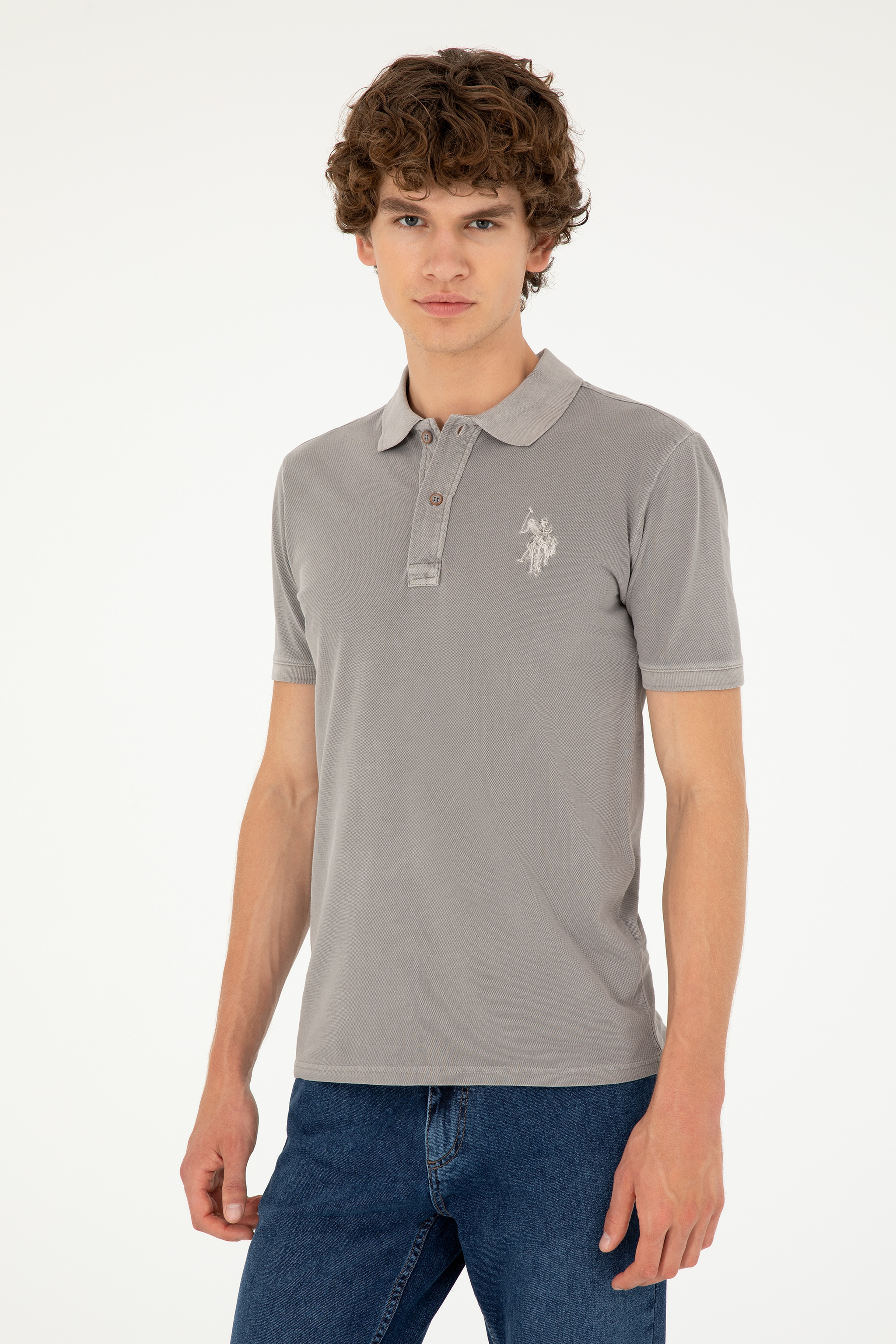 Erkek Slim Fit Polo Yaka Koyu Gri Basic Tişört - Image 3