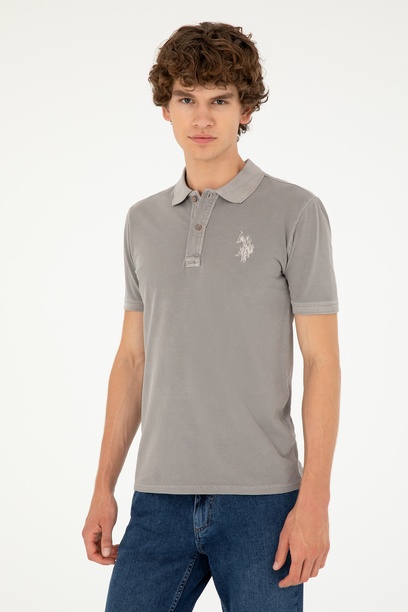 Erkek Slim Fit Polo Yaka Koyu Gri Basic Tişört
